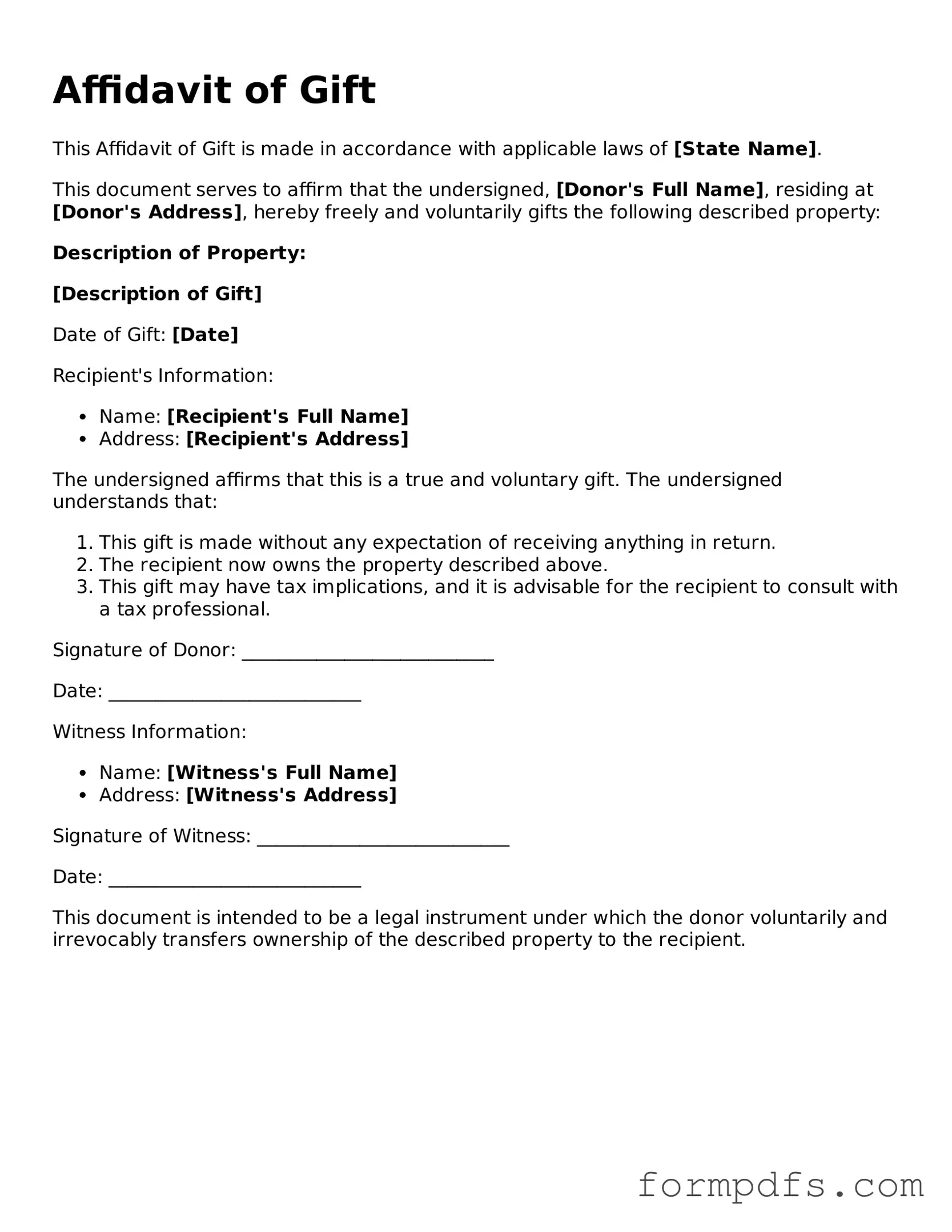 Valid Affidavit of Gift Template