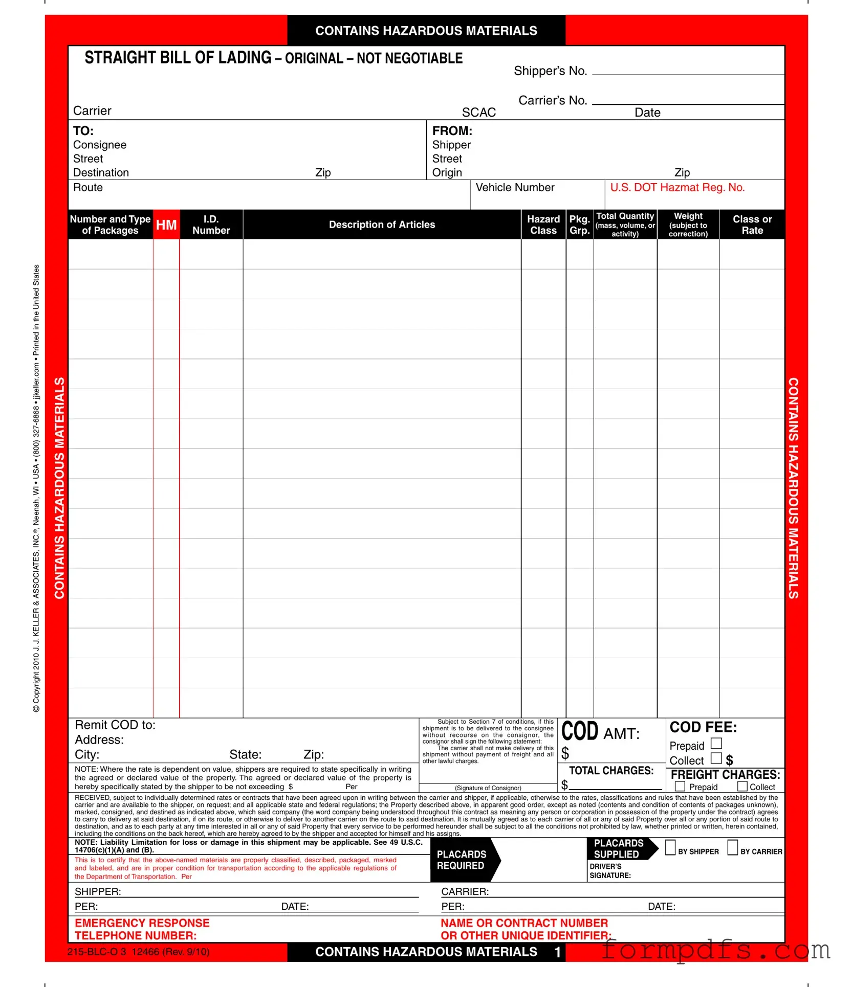 Blank Hazard Bill Of Ladden PDF Form