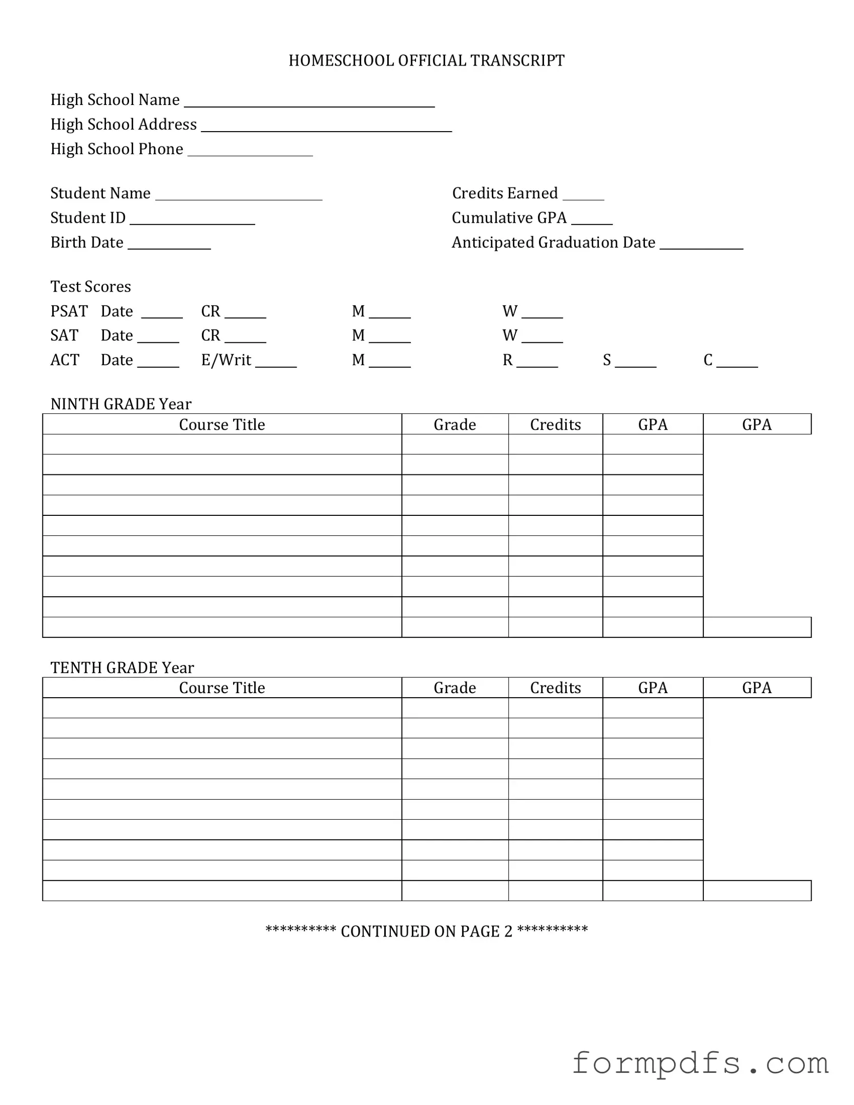 Blank High School Transcript PDF Form