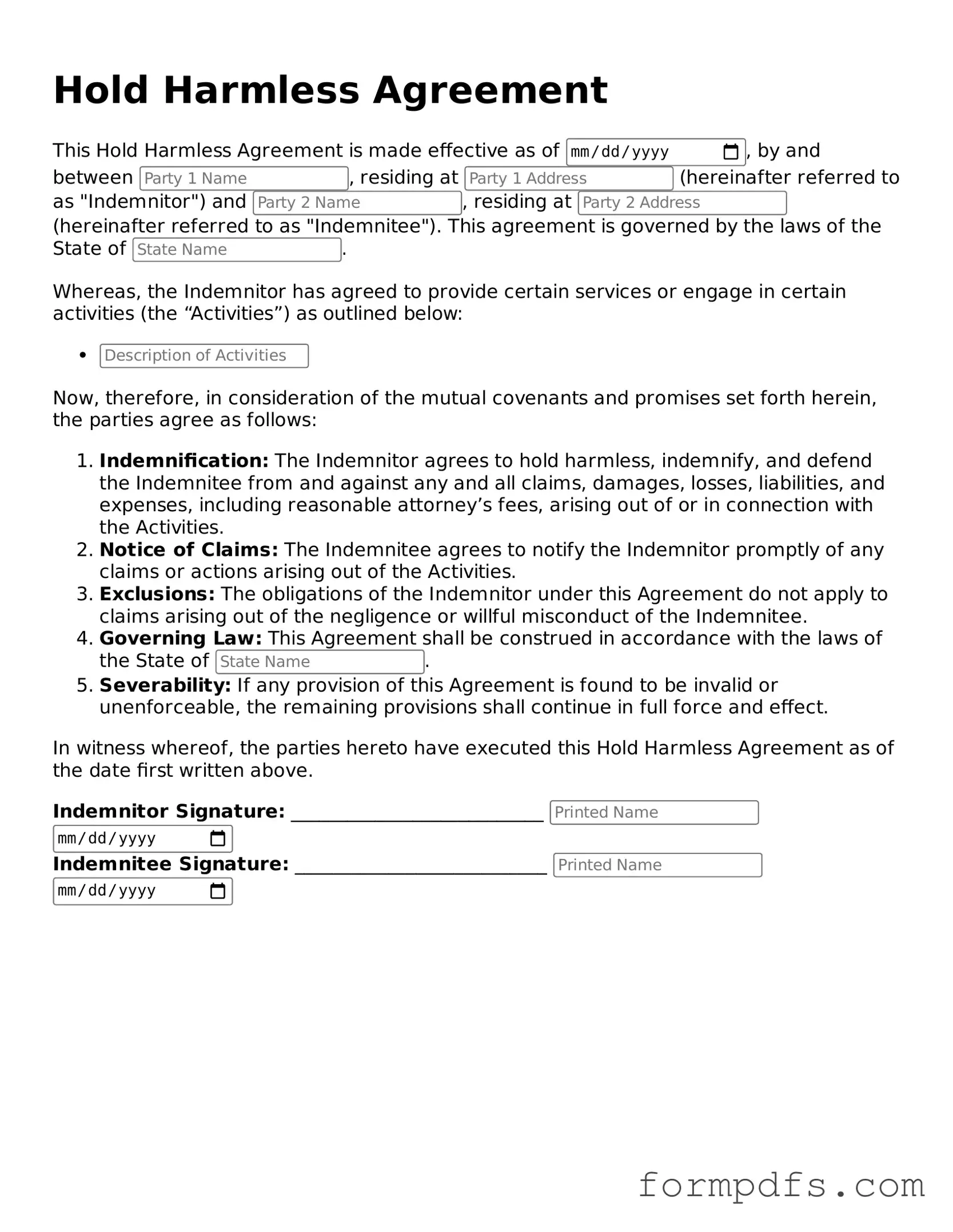 Valid Hold Harmless Agreement Template