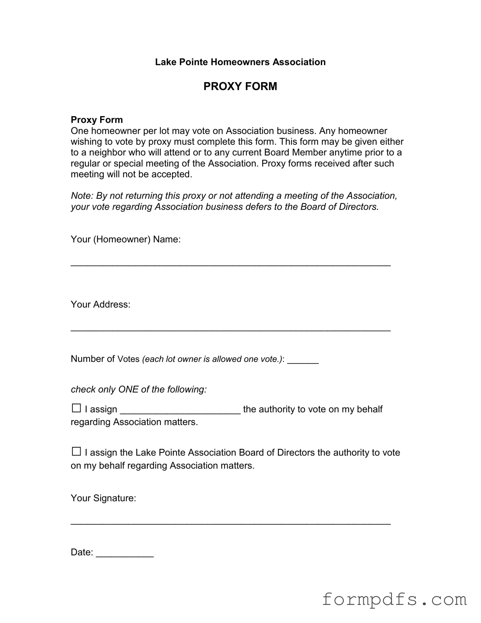 Blank Homeowners Association Proxy PDF Form