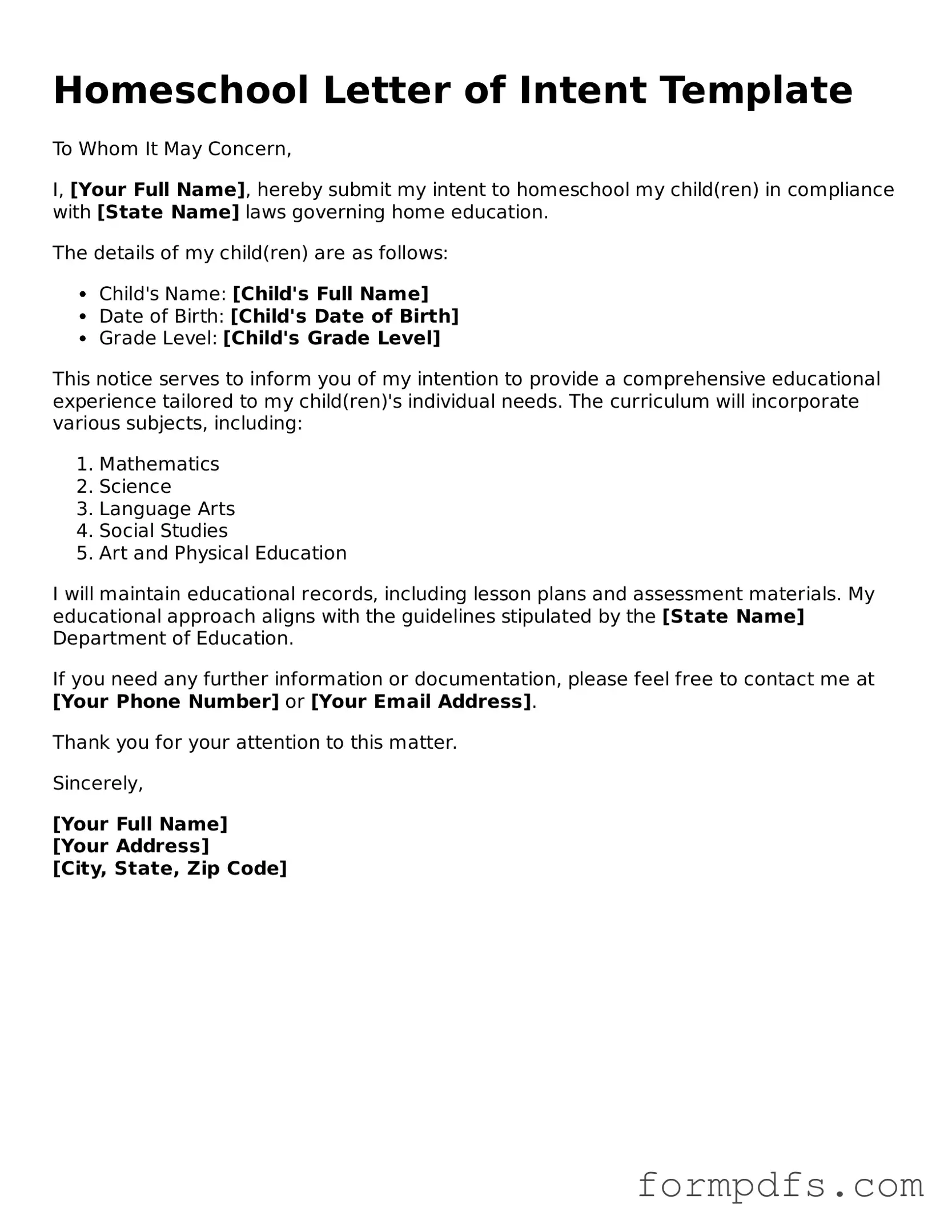 Valid Homeschool Letter of Intent Template