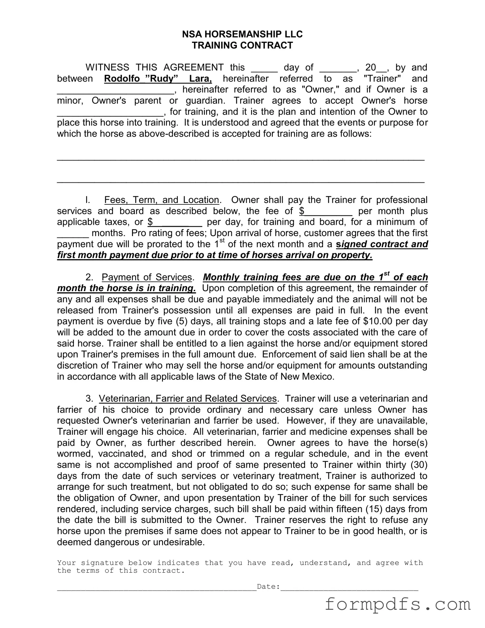 Blank Horse Training Contract PDF Form