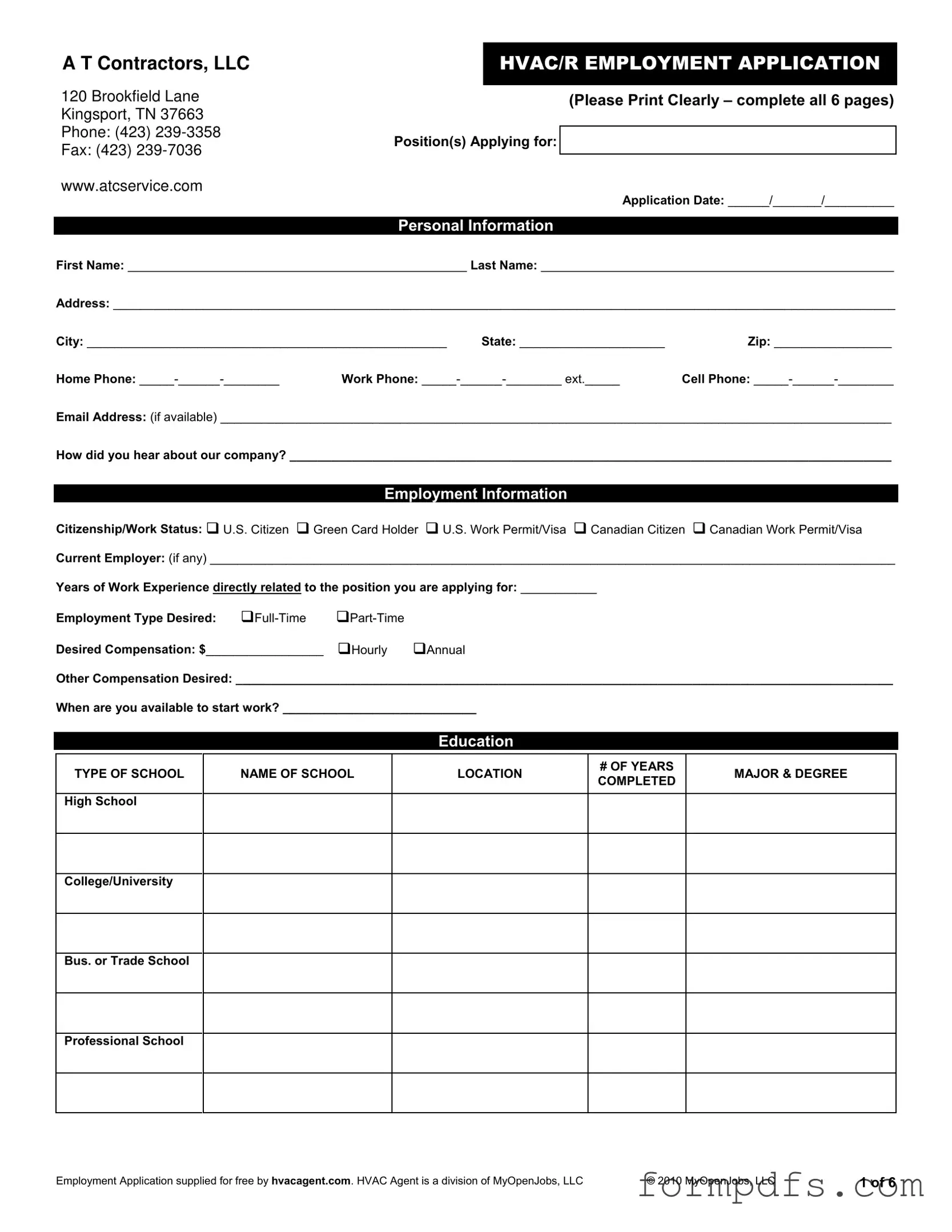 Blank Hvac Job Application PDF Form