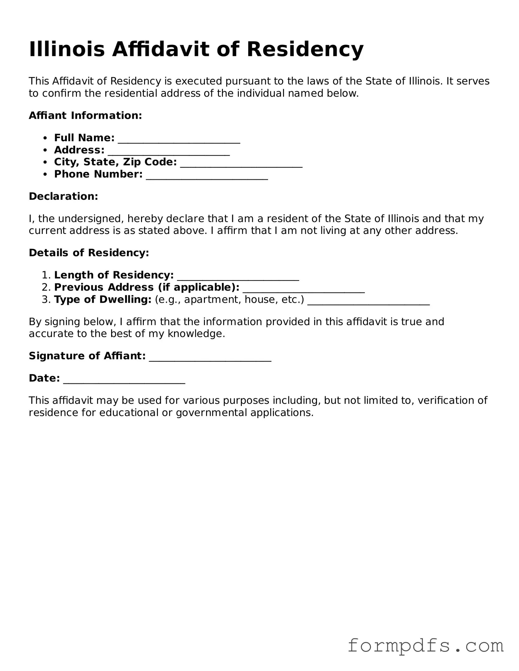 Printable Affidavit of Residency Form for the State of Illinois