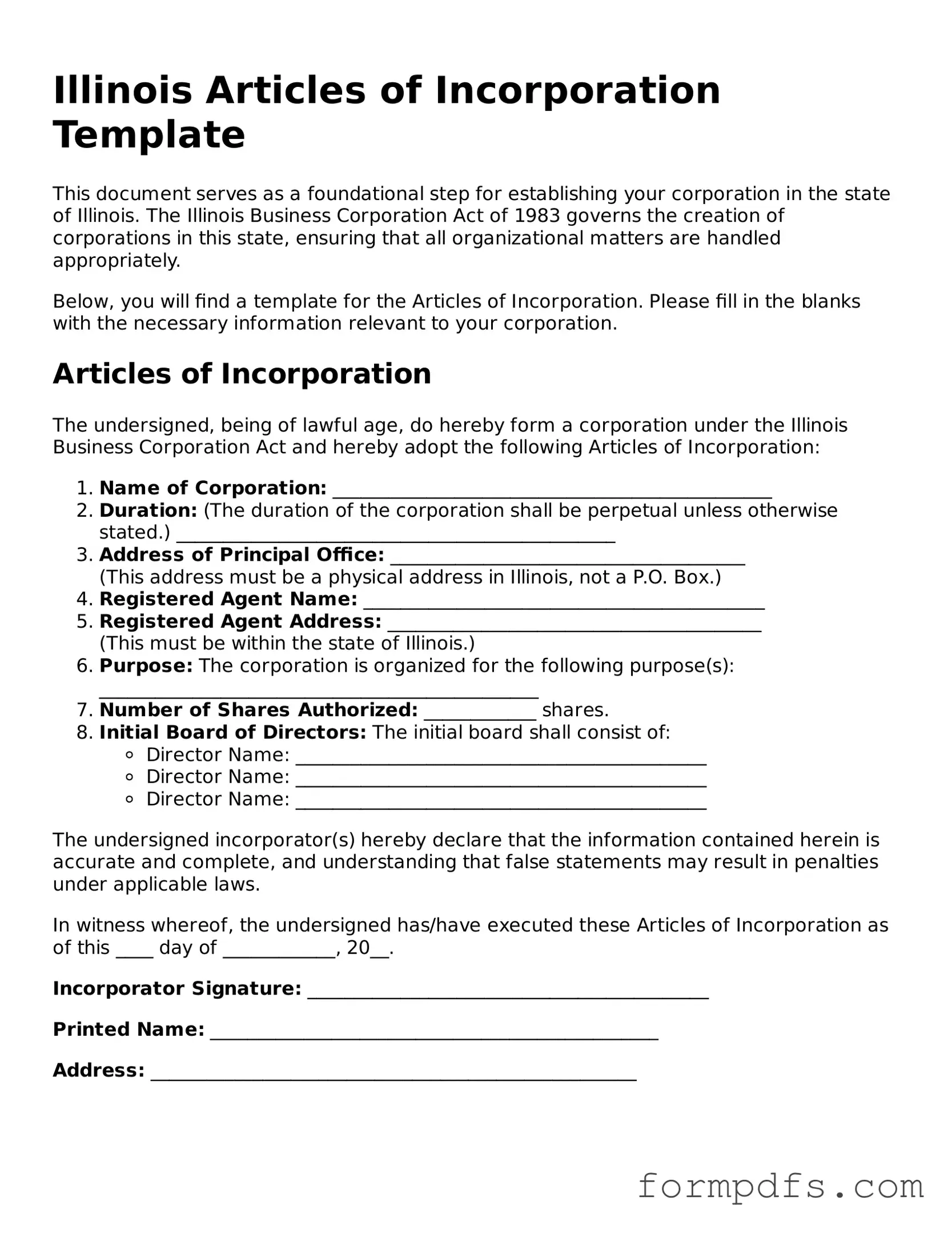 Printable Articles of Incorporation Form for the State of Illinois