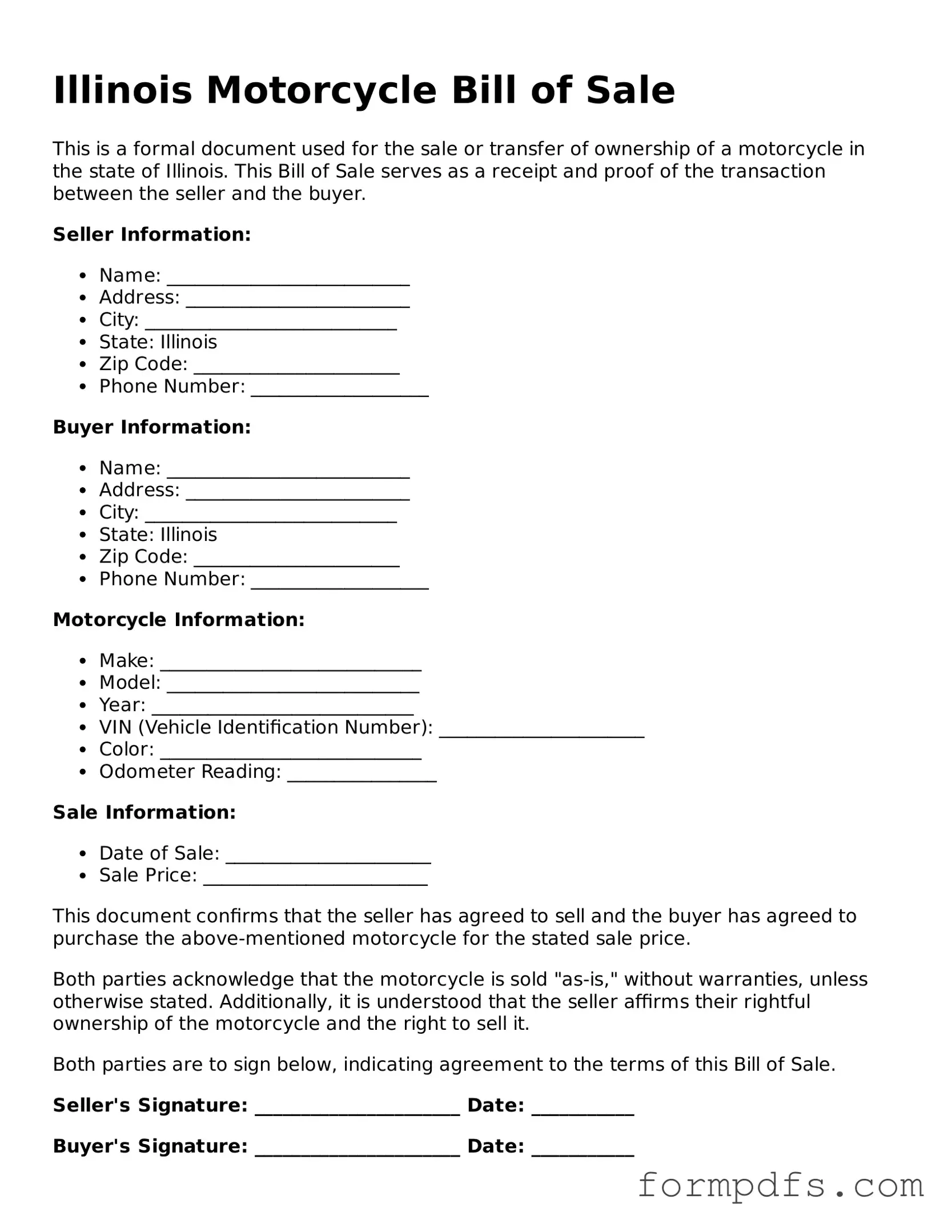 Printable Motorcycle Bill of Sale Form for the State of Illinois