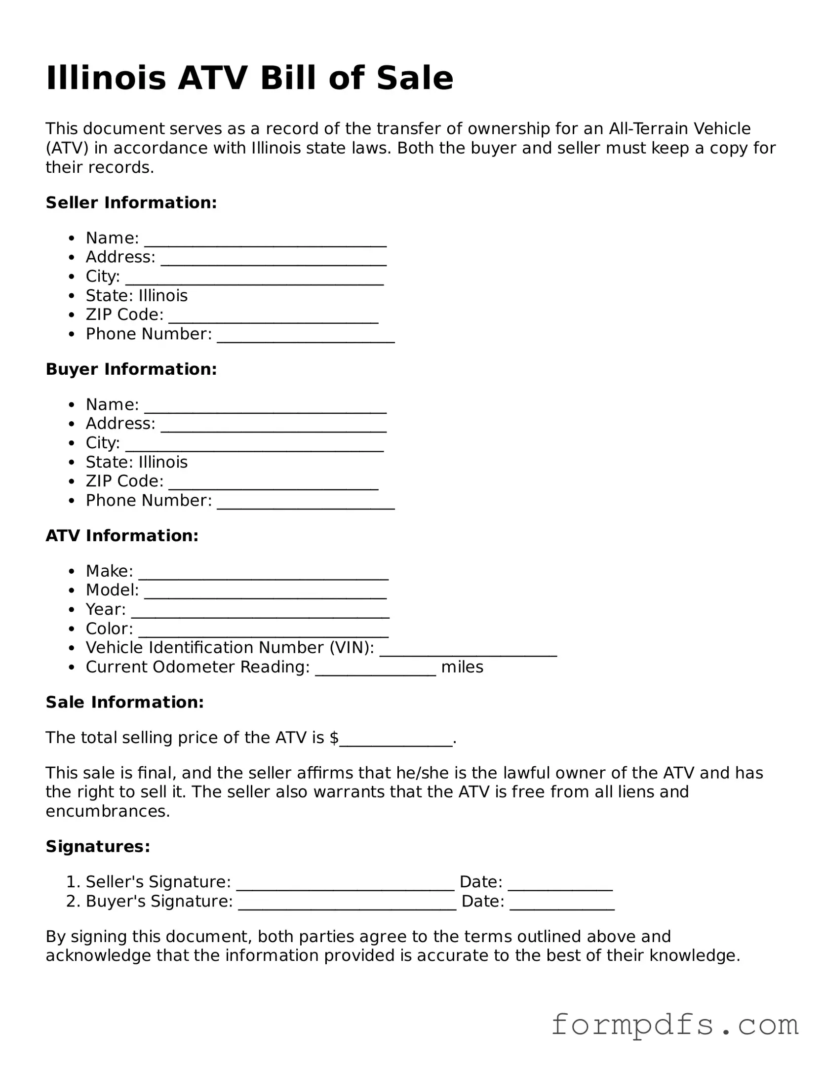 Printable ATV Bill of Sale Form for the State of Illinois