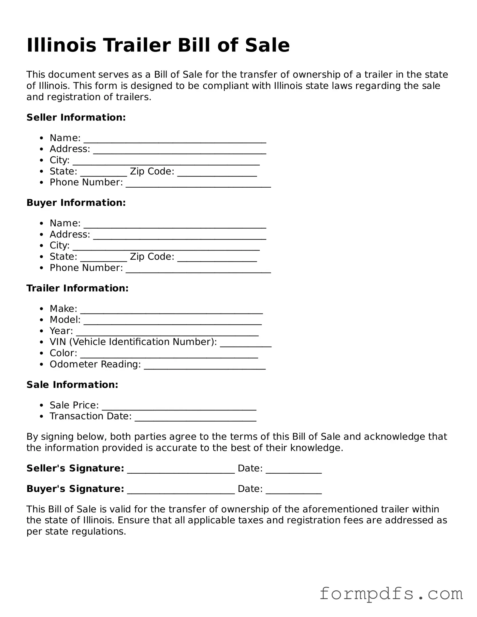 Printable Trailer Bill of Sale Form for the State of Illinois