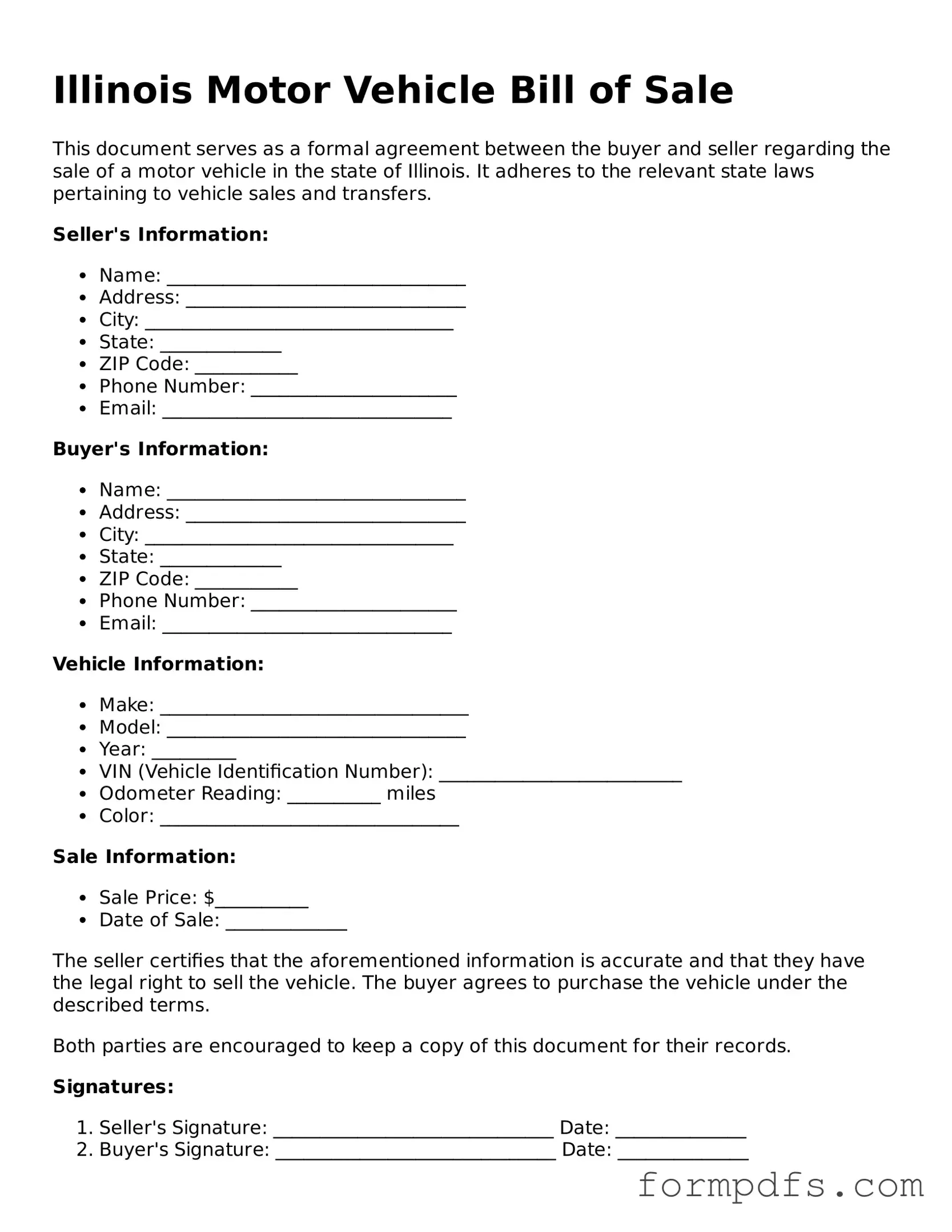 Printable Motor Vehicle Bill of Sale Form for the State of Illinois