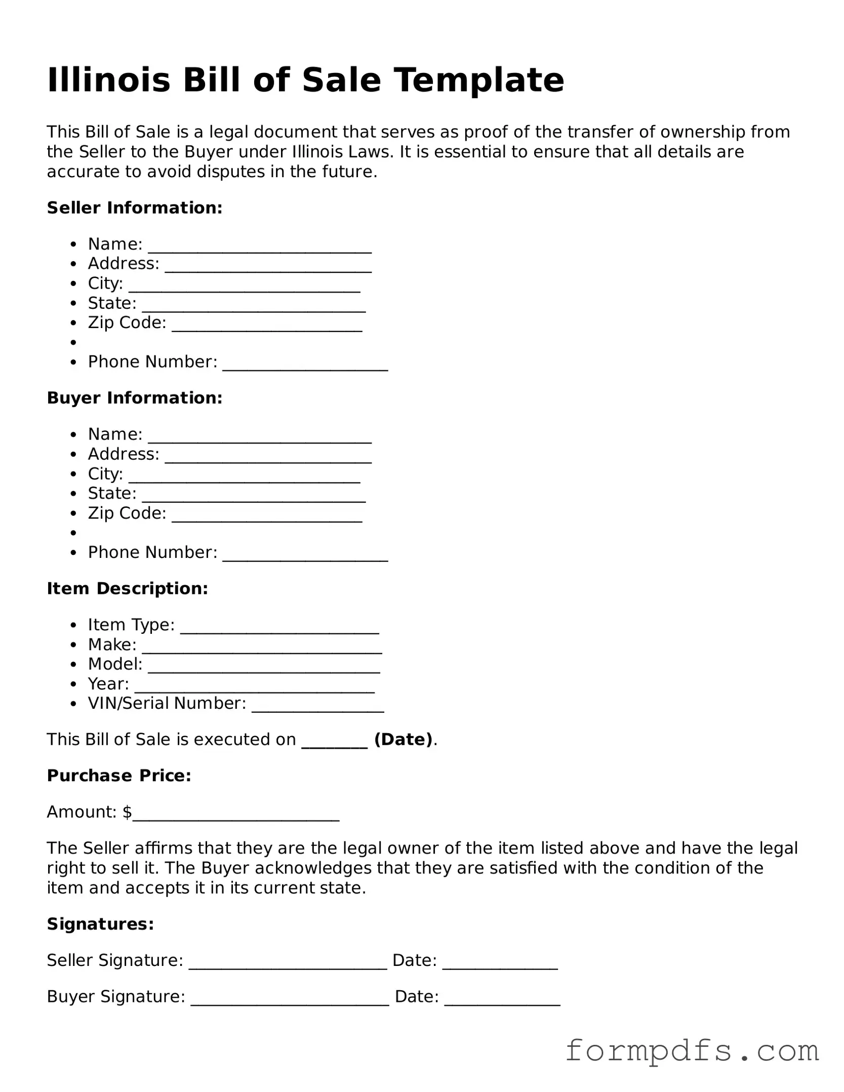 Printable Bill of Sale Form for the State of Illinois