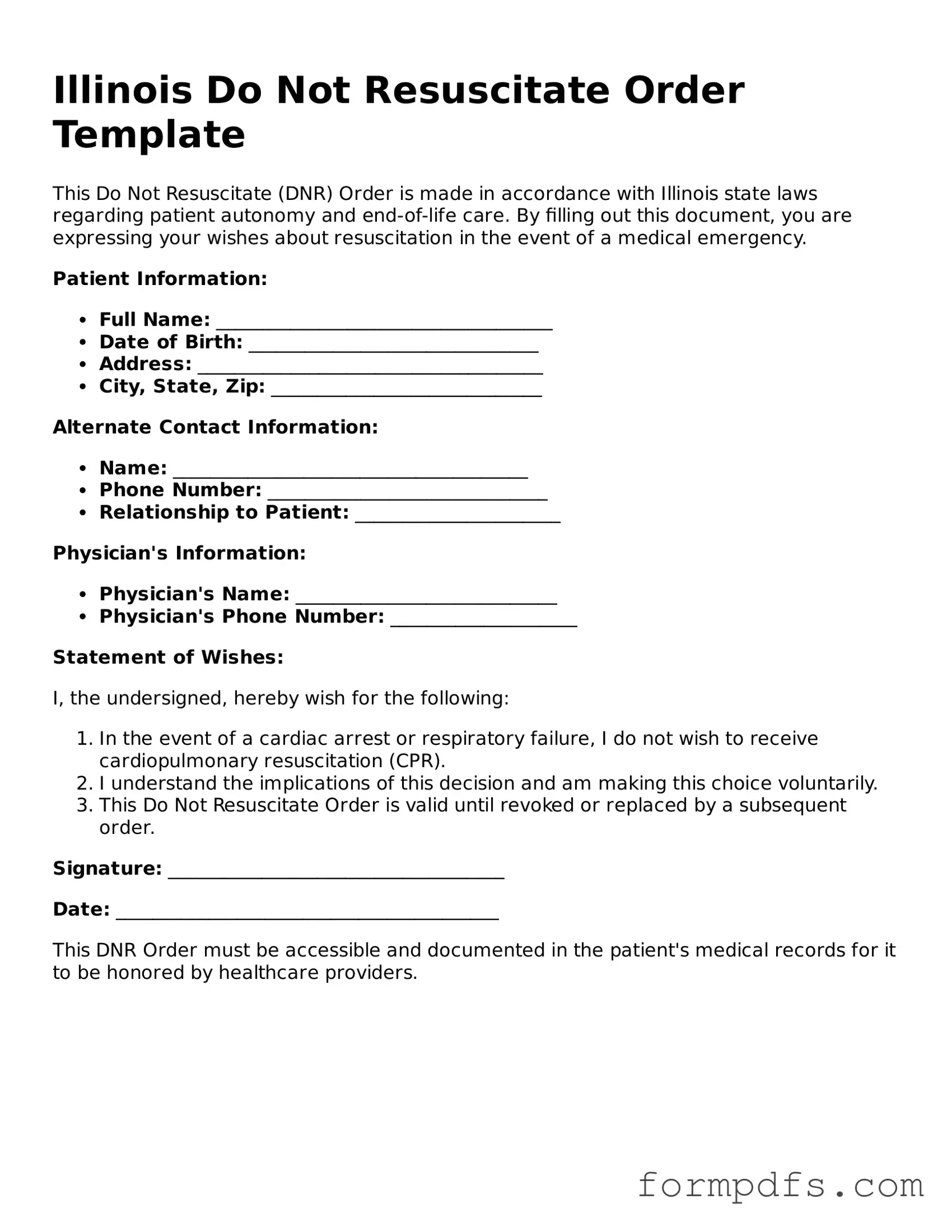 Printable Do Not Resuscitate Order Form for the State of Illinois