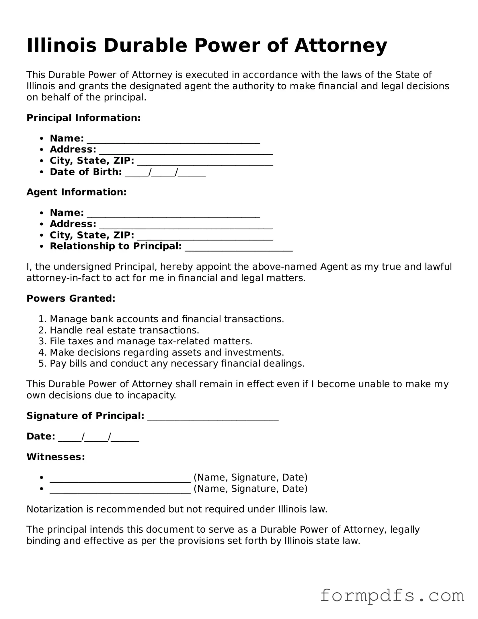 Printable Durable Power of Attorney Form for the State of Illinois