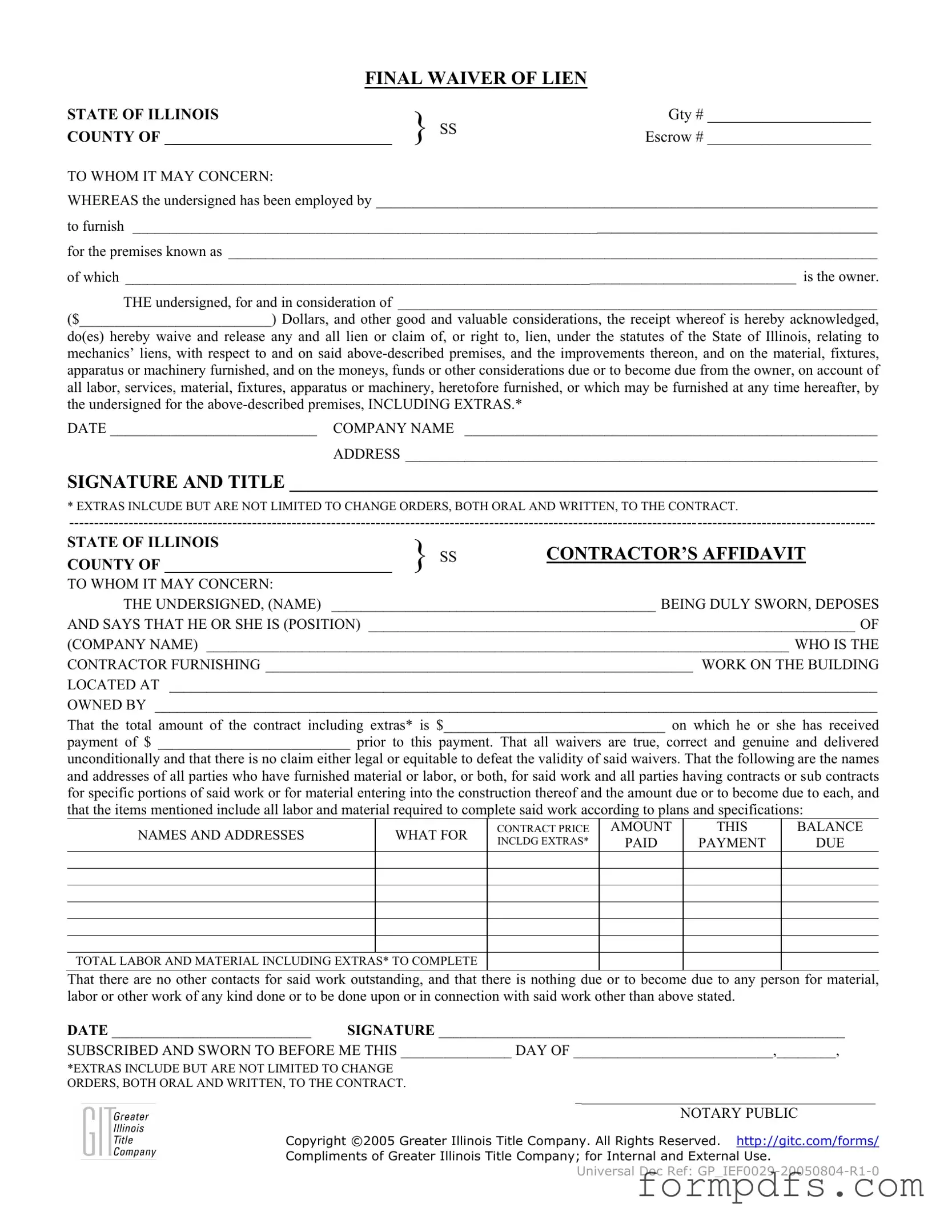 Blank Illinois Final Waiver Of Lien PDF Form