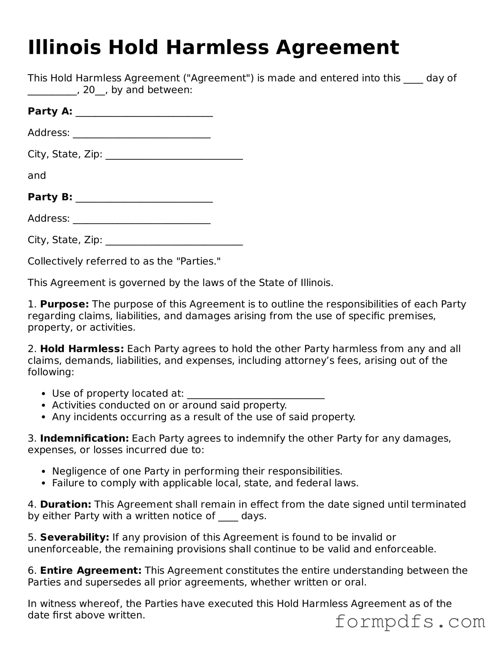 Printable Hold Harmless Agreement Form for the State of Illinois