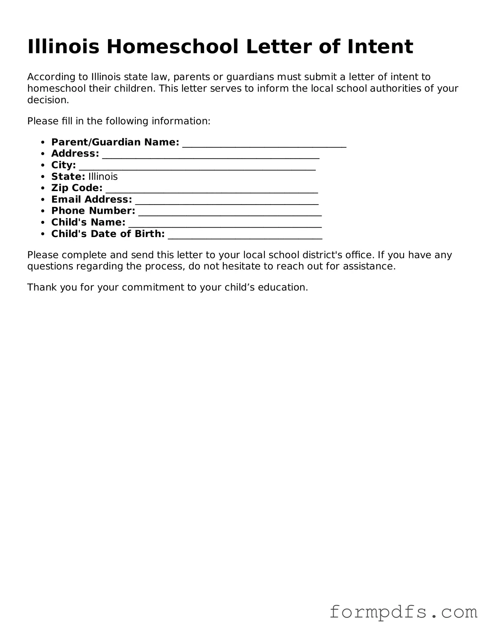 Printable Homeschool Letter of Intent Form for the State of Illinois
