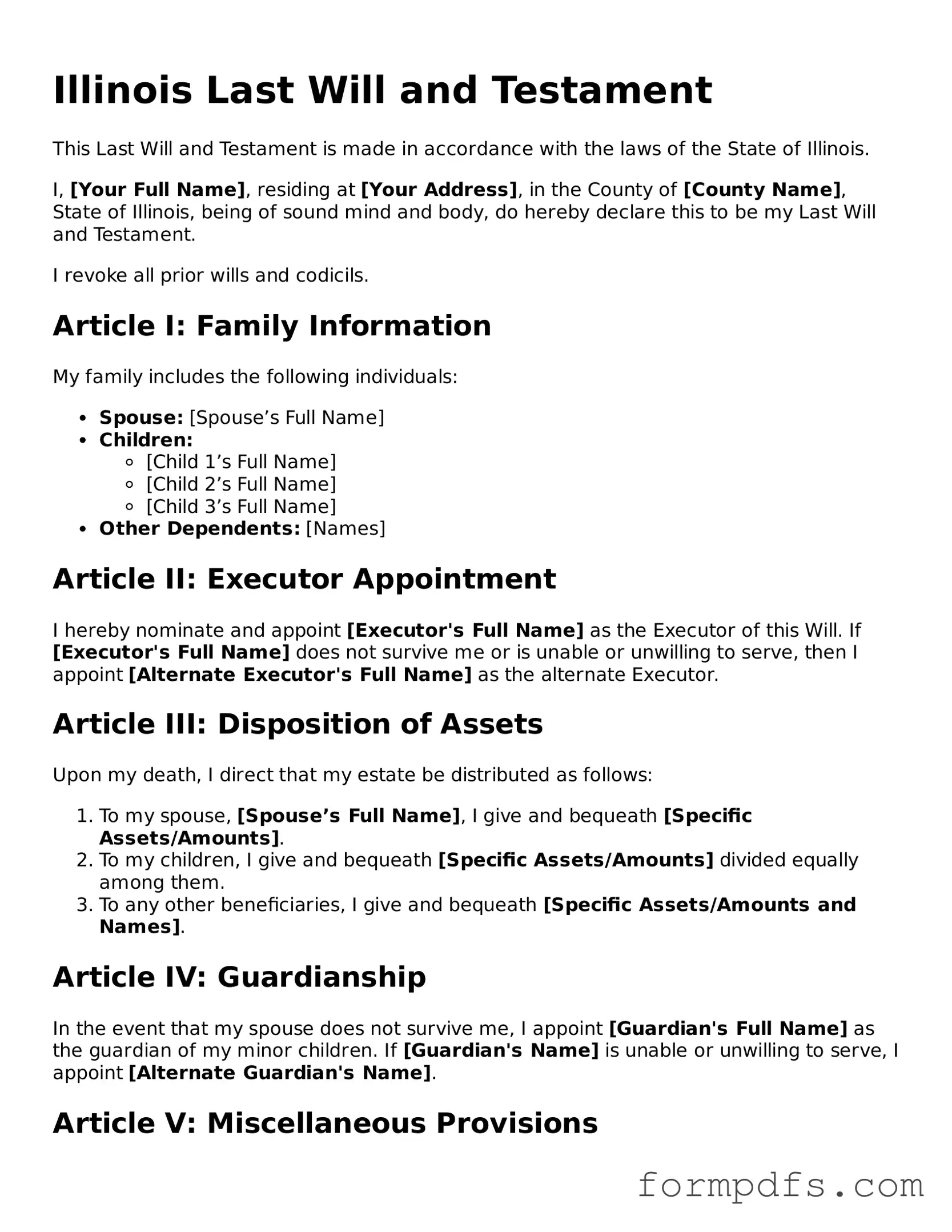 Printable Last Will and Testament Form for the State of Illinois