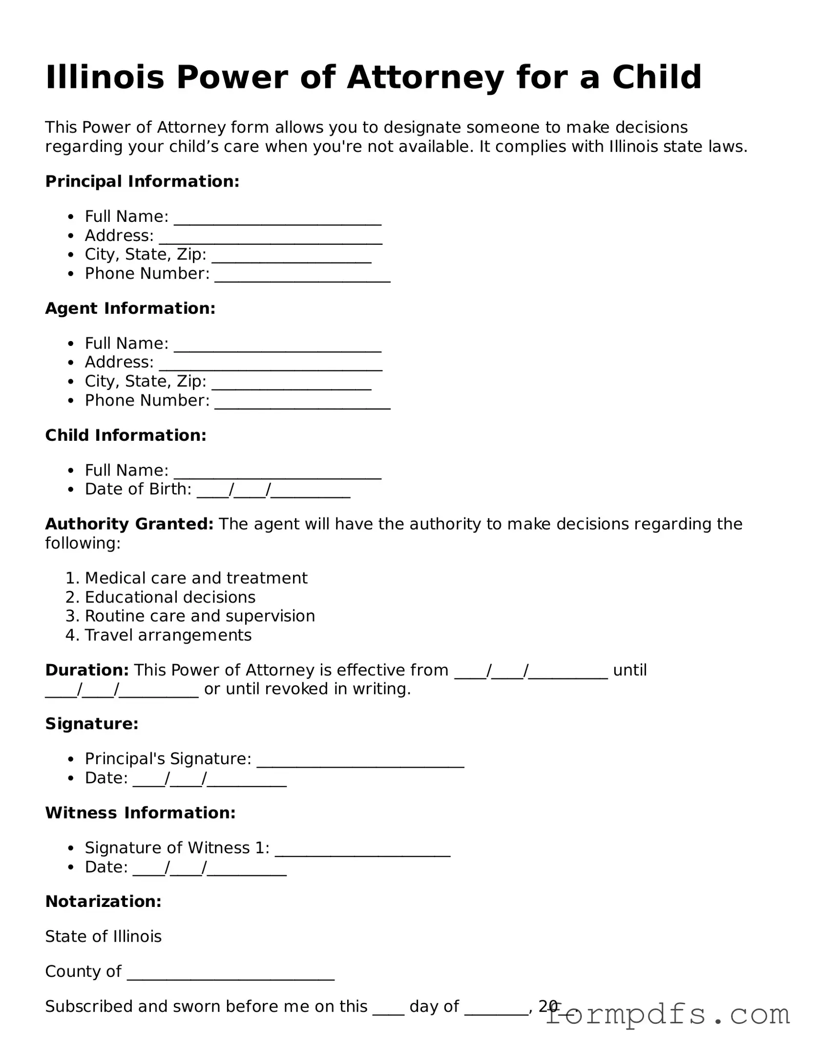 Printable Power of Attorney for a Child Form for the State of Illinois