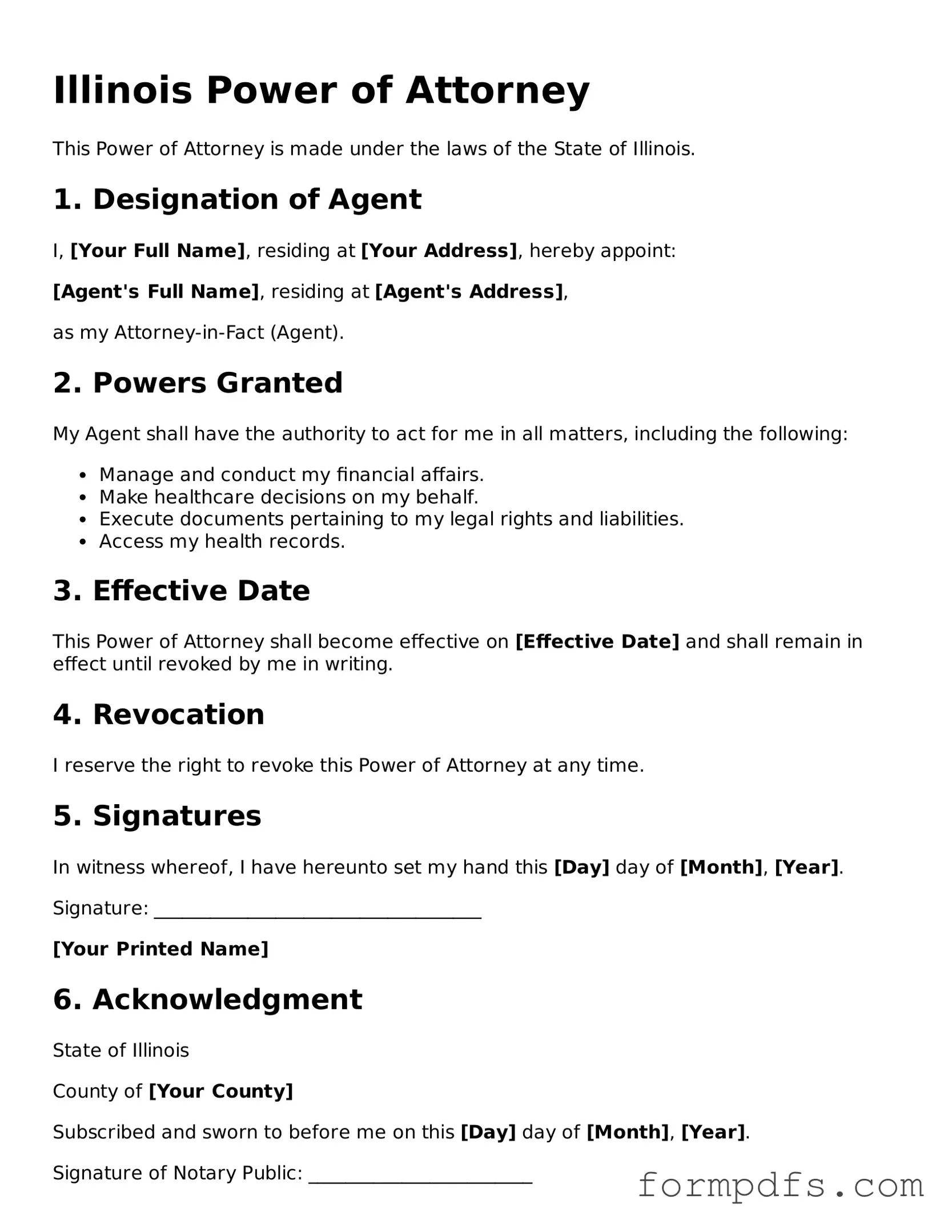Printable Power of Attorney Form for the State of Illinois