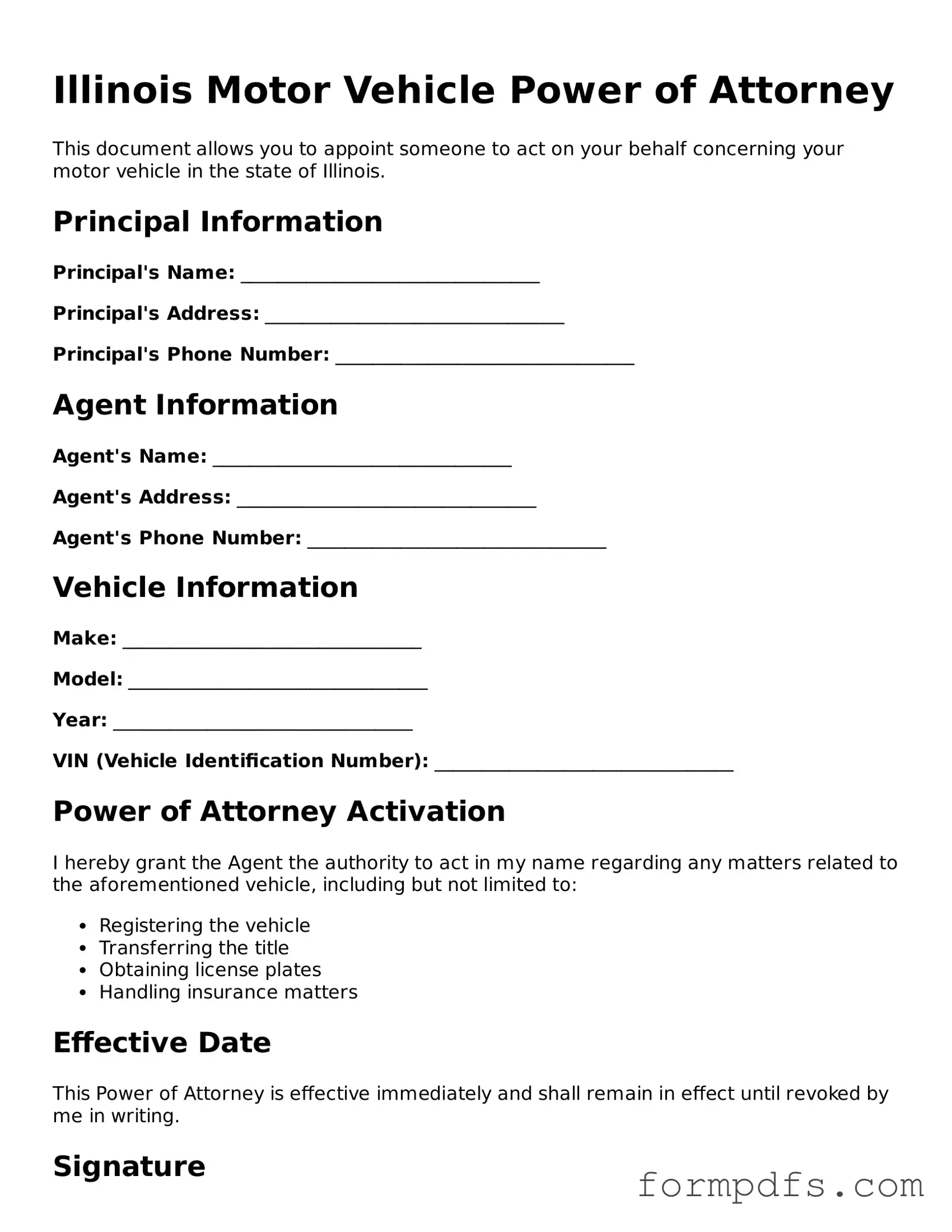 Printable Motor Vehicle Power of Attorney Form for the State of Illinois