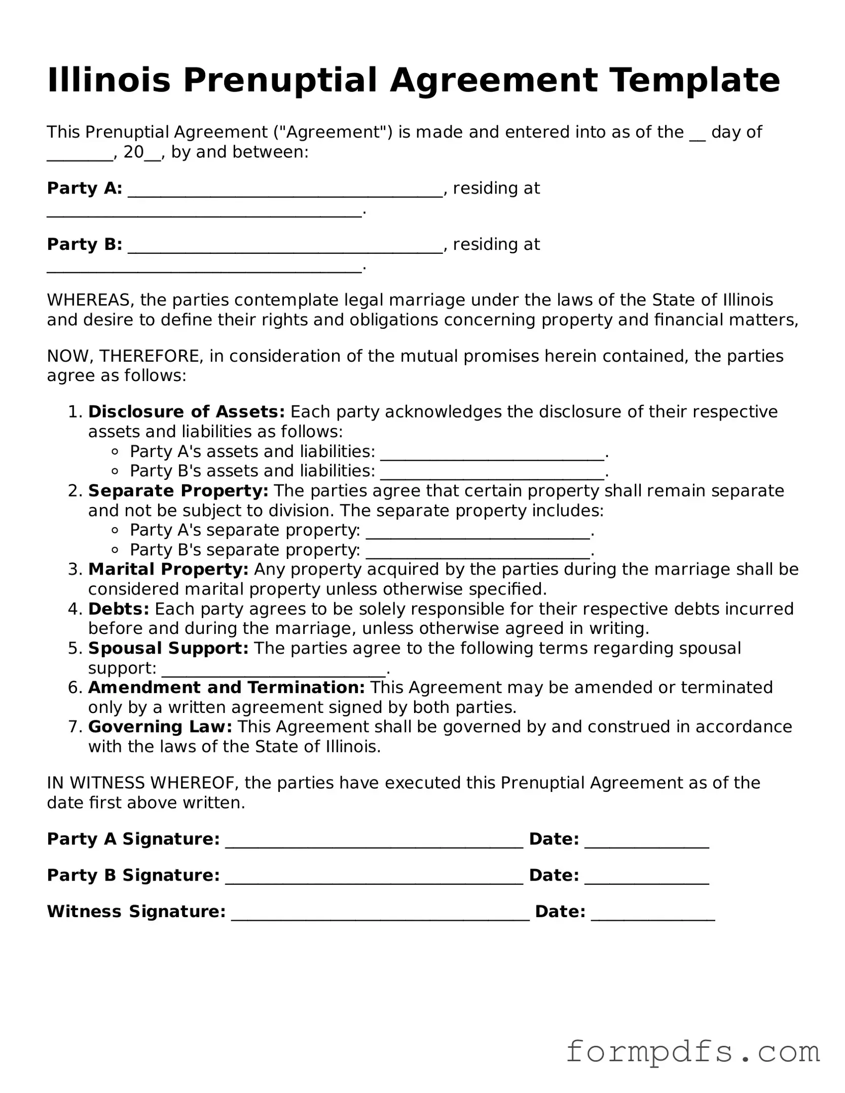 Printable Prenuptial Agreement Form for the State of Illinois