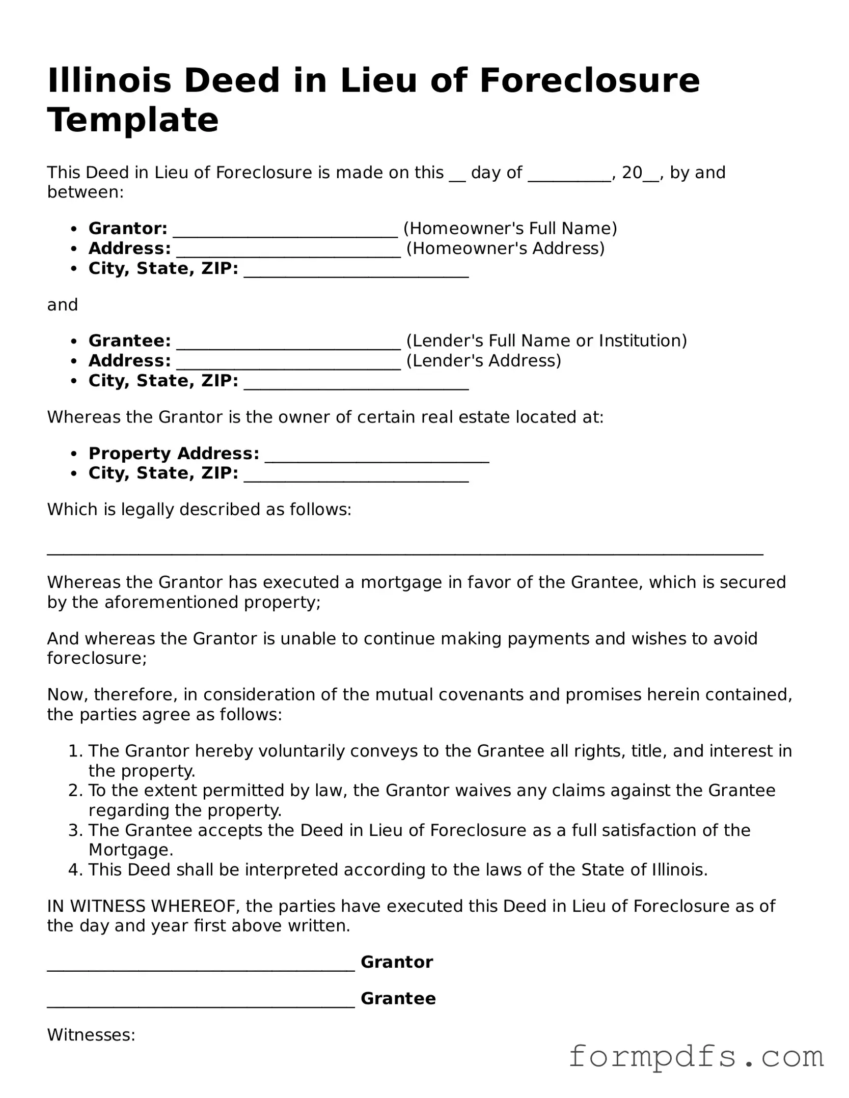Printable Deed in Lieu of Foreclosure Form for the State of Illinois