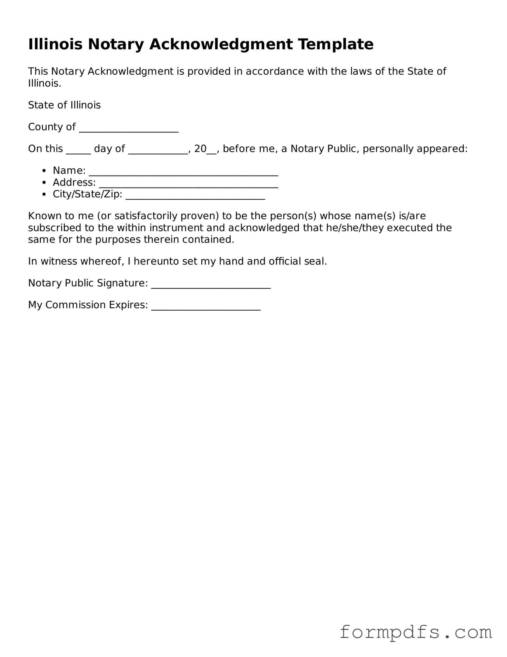 Printable Notary Acknowledgement Form for the State of Illinois