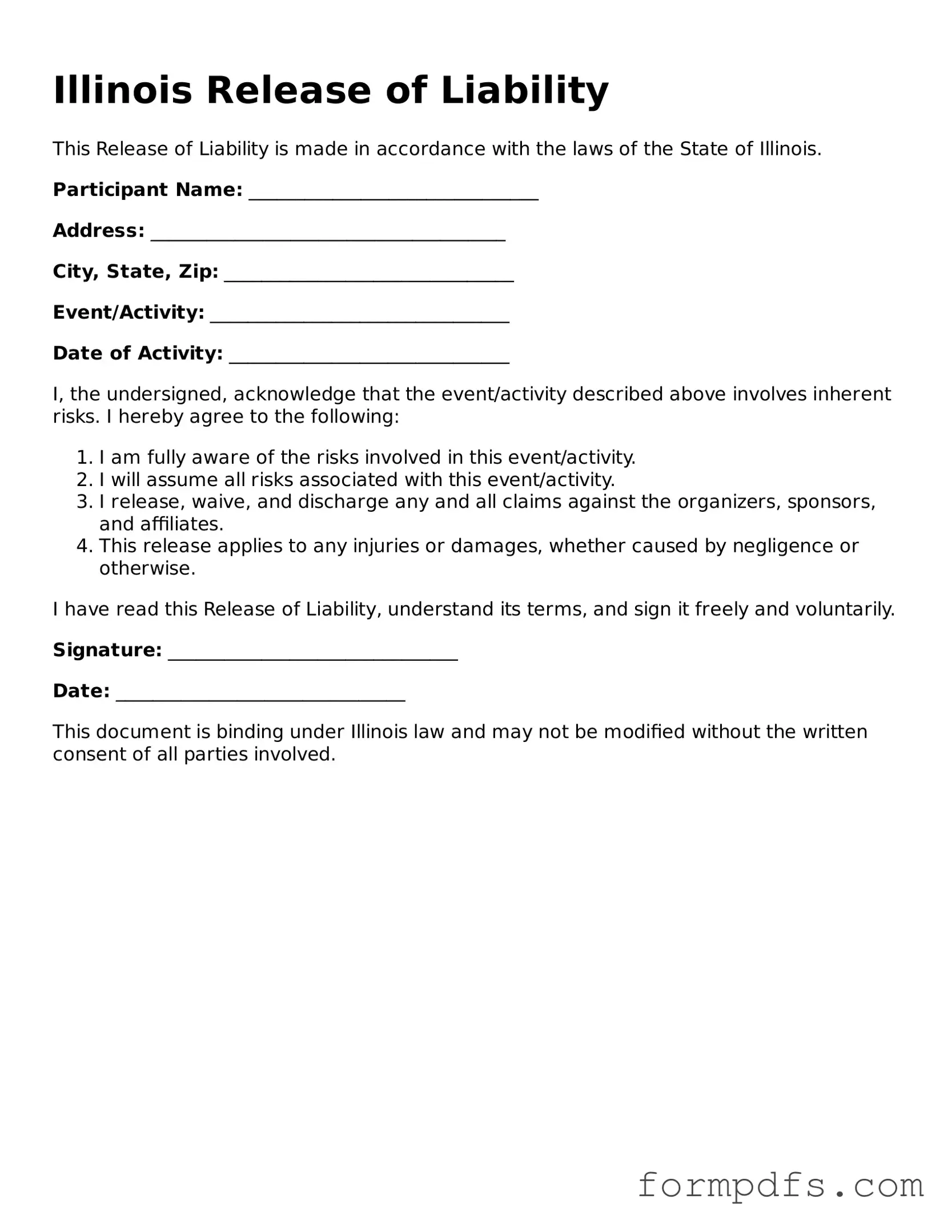Printable Release of Liability Form for the State of Illinois