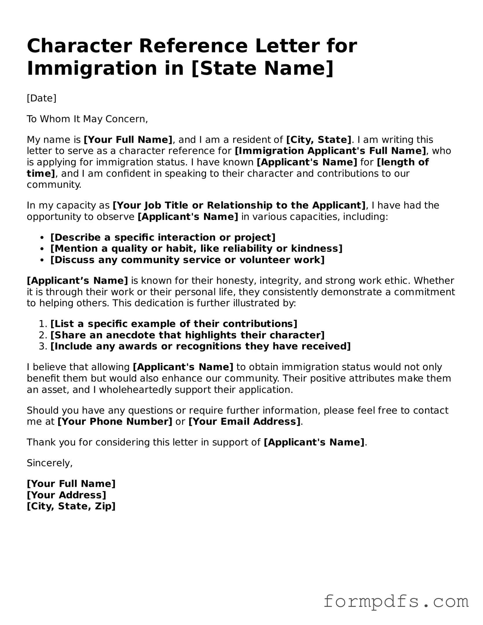 Valid Character Reference Letter for Immigration Template
