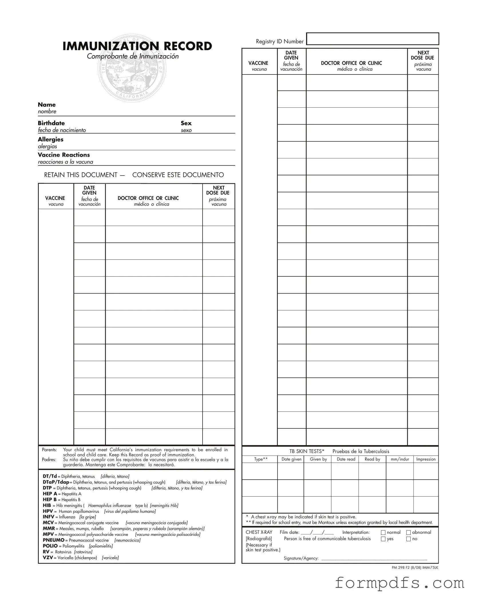 Blank Immunization Record PDF Form
