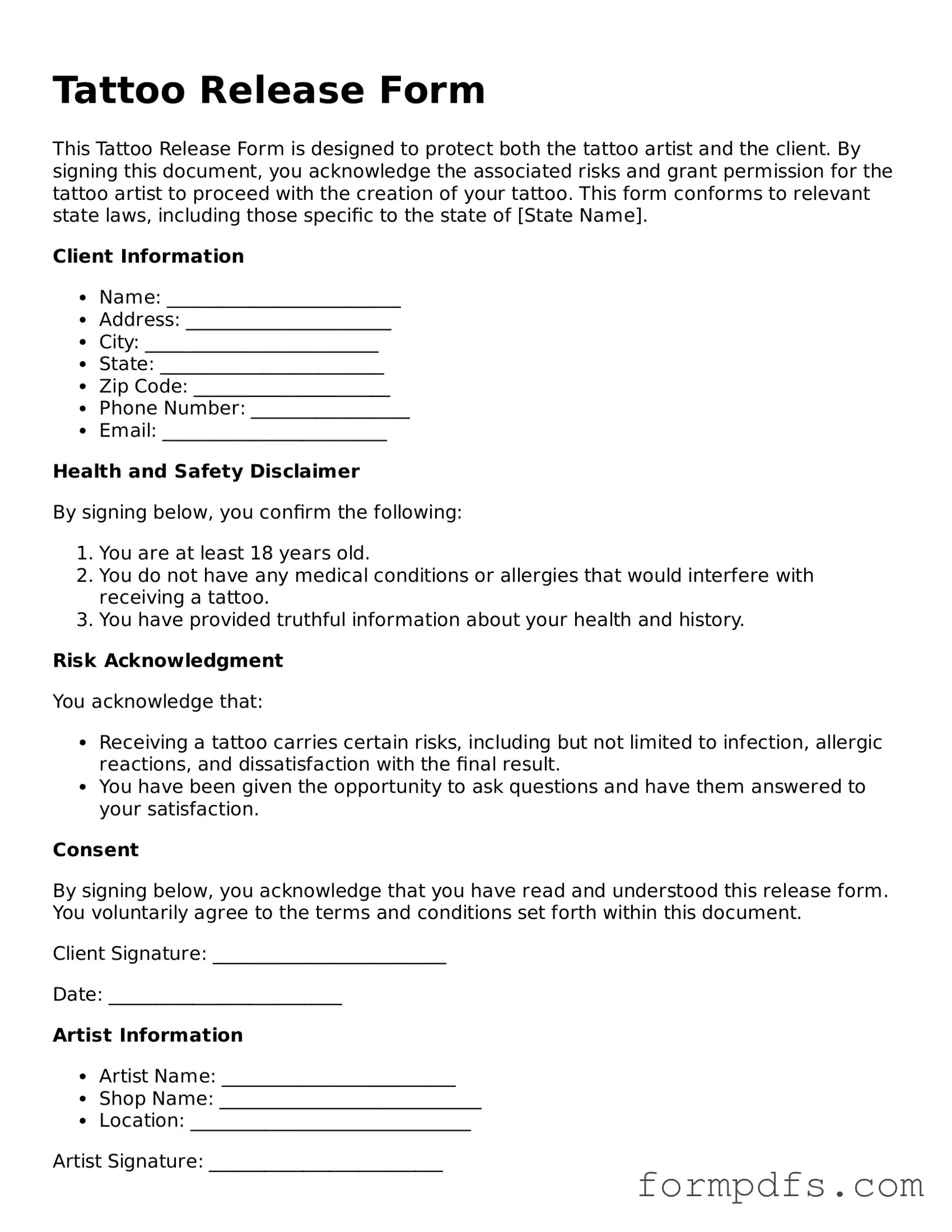 Valid Tattoo Release Template