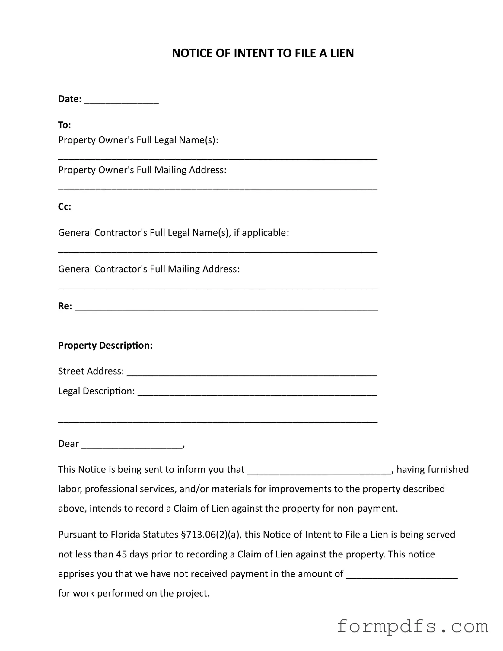Blank Intent To Lien Florida PDF Form