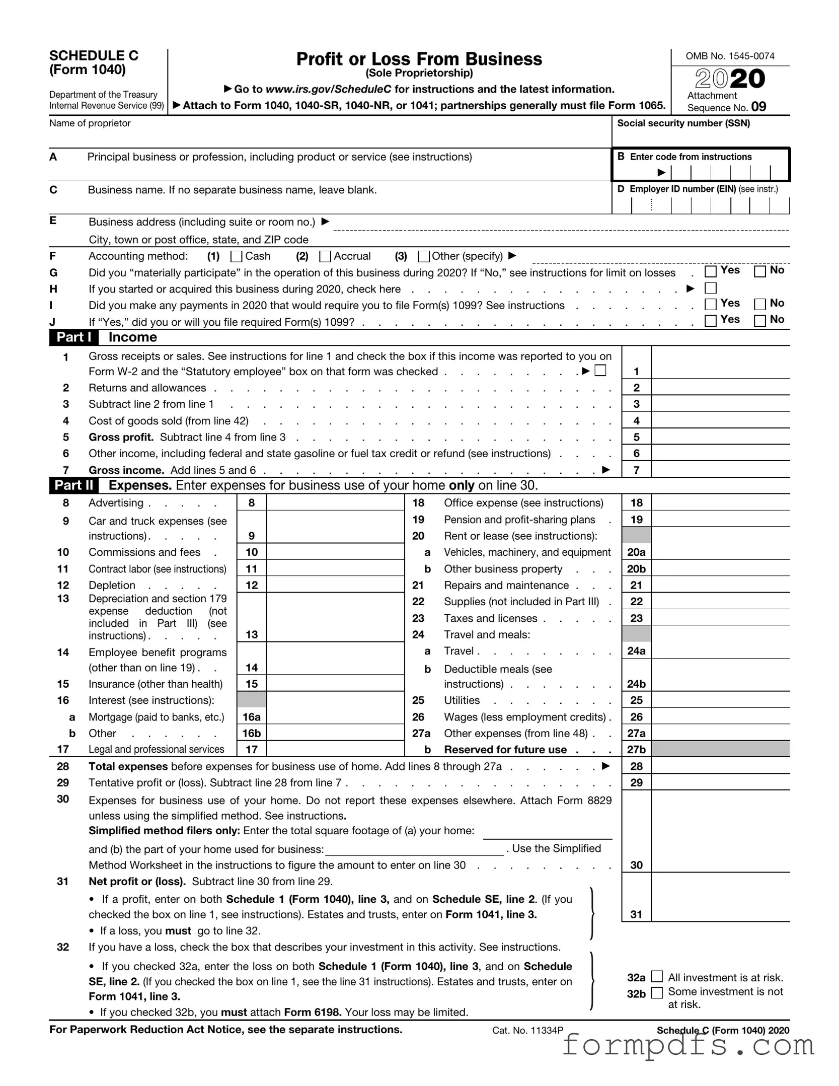 Blank IRS Schedule C 1040 PDF Form