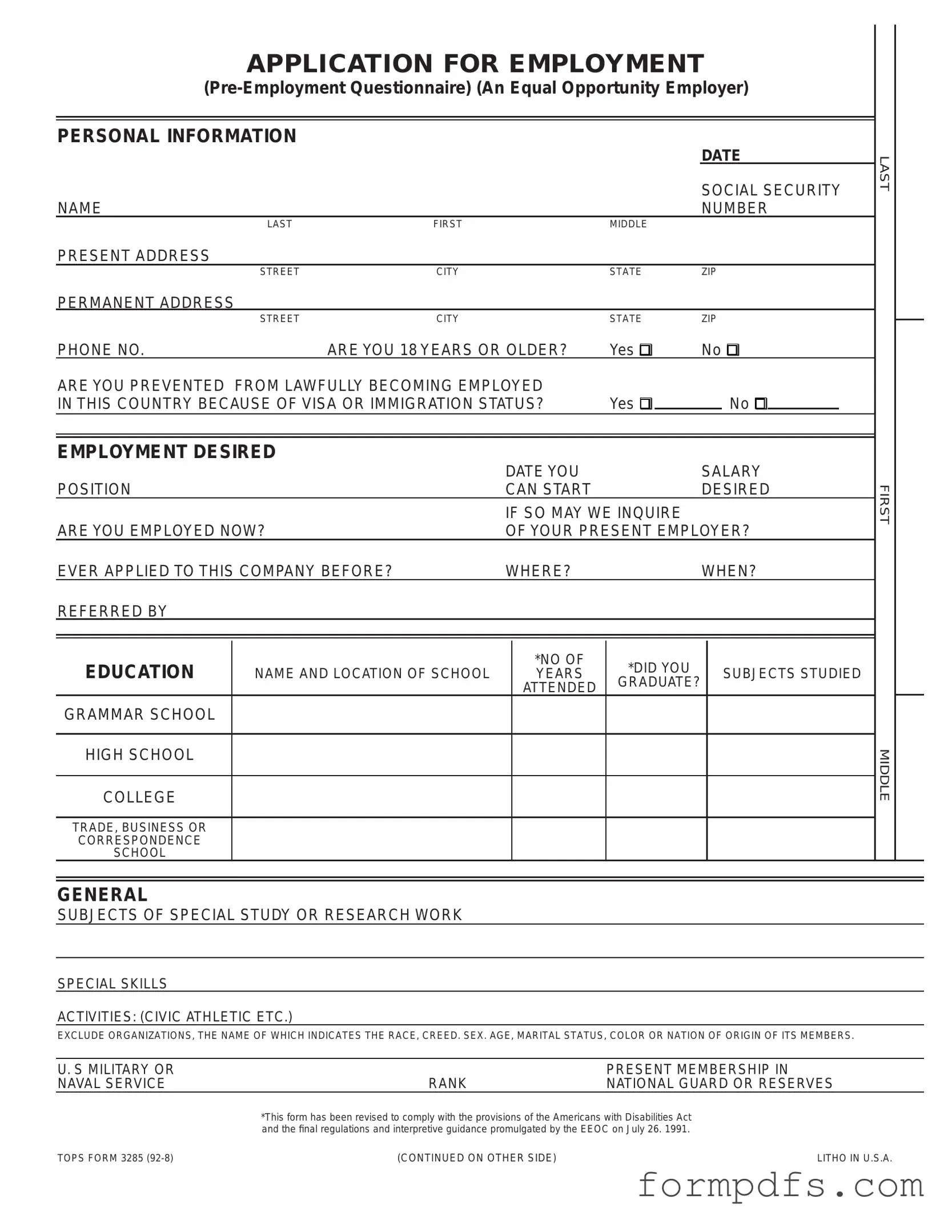 Blank Employment Application Pdf PDF Form