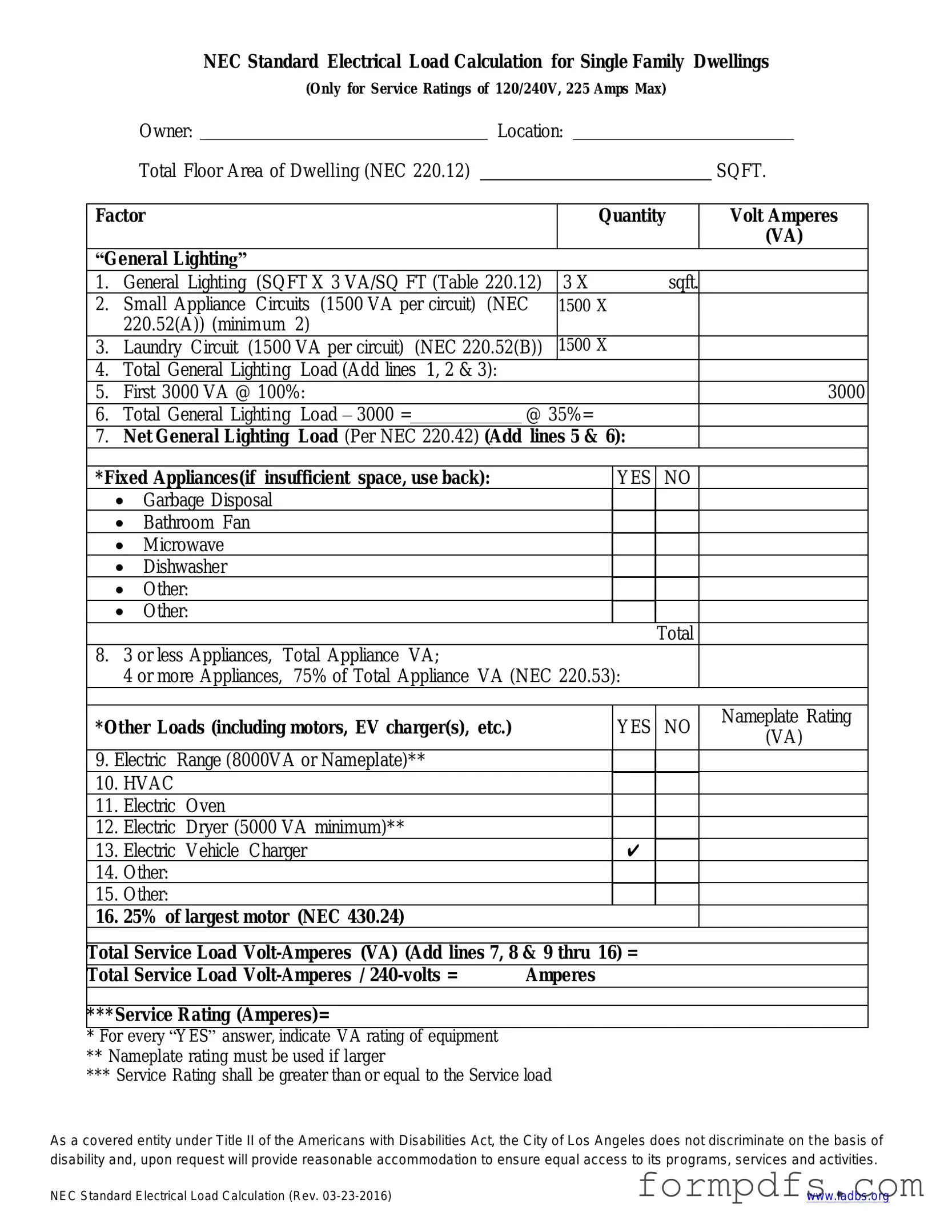 Blank LADBS NEC Standard Electrical Load Calculation PDF Form