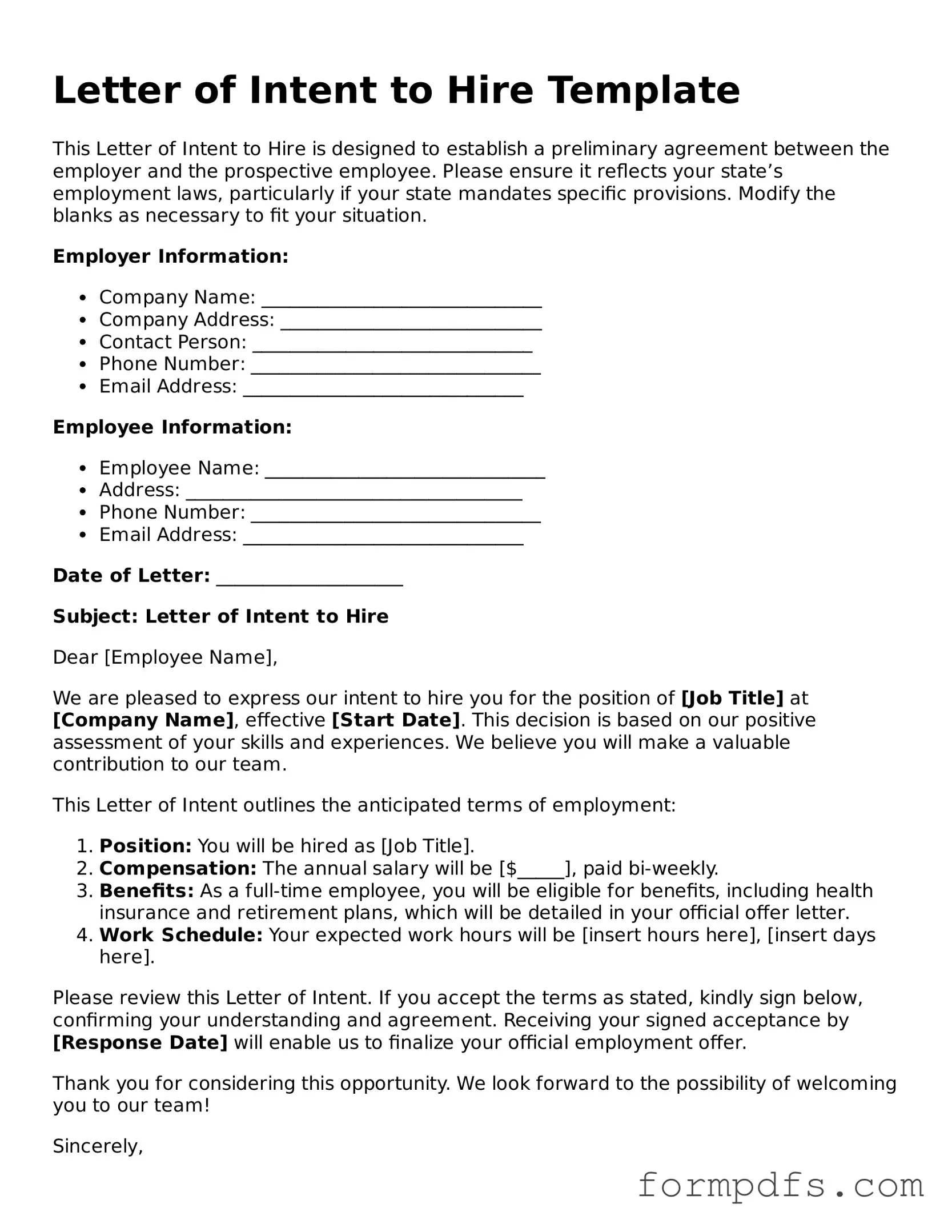 Valid Letter of Intent to Hire Template