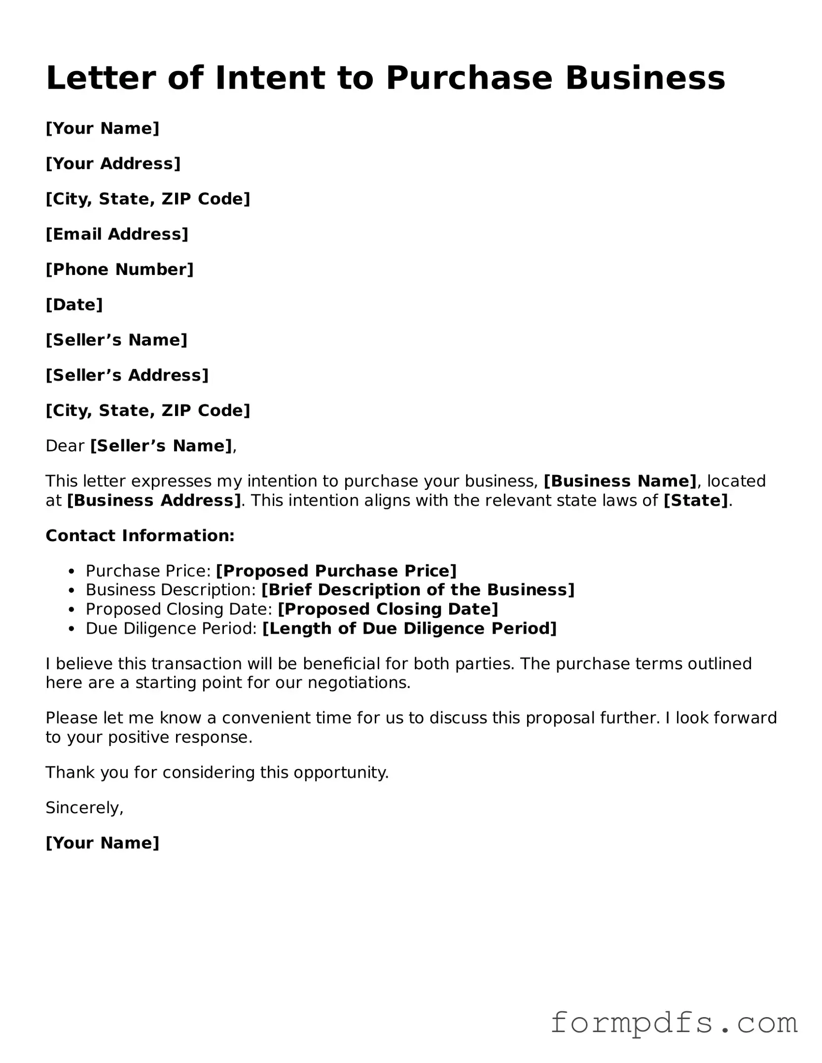 Valid Letter of Intent to Purchase Business Template