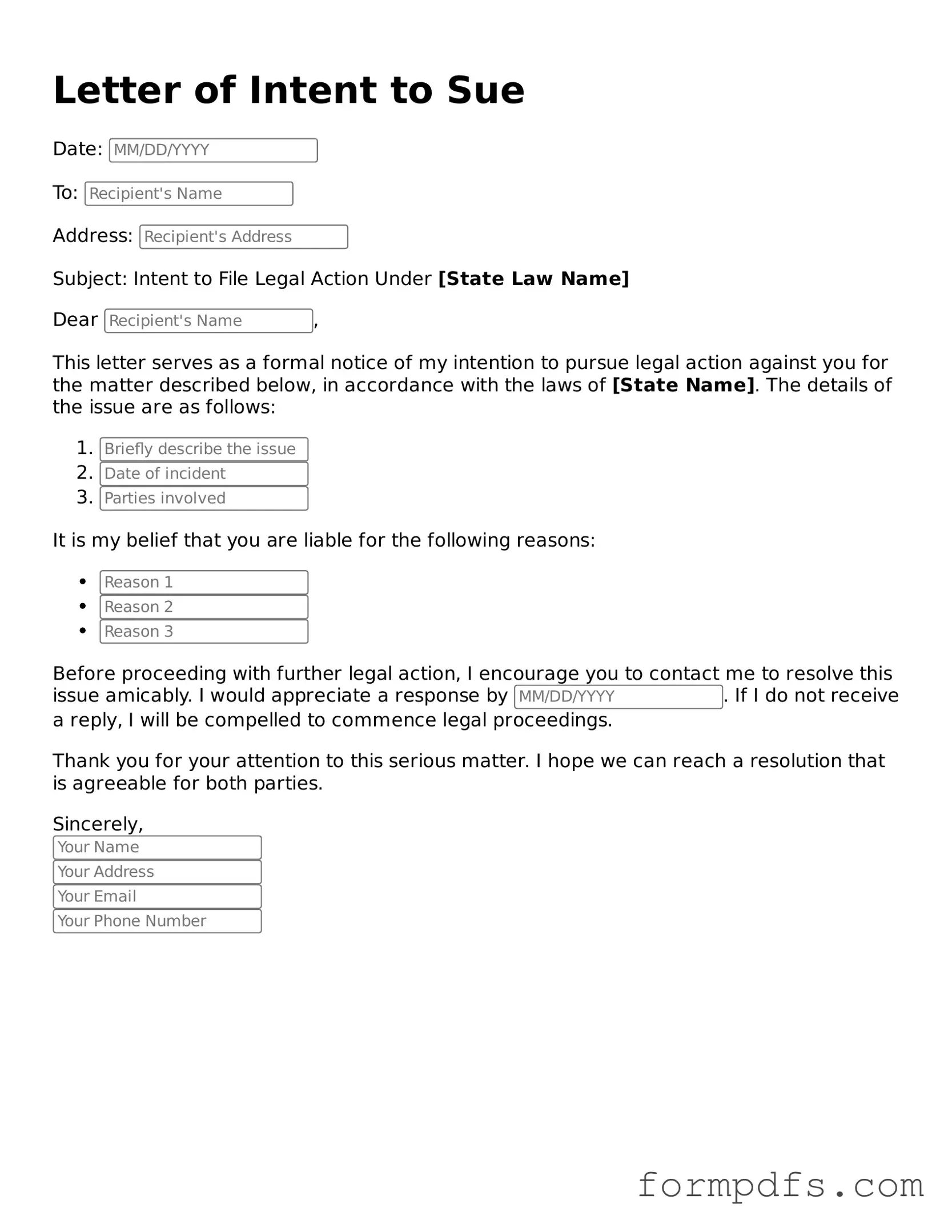 Valid Letter of Intent to Sue Template