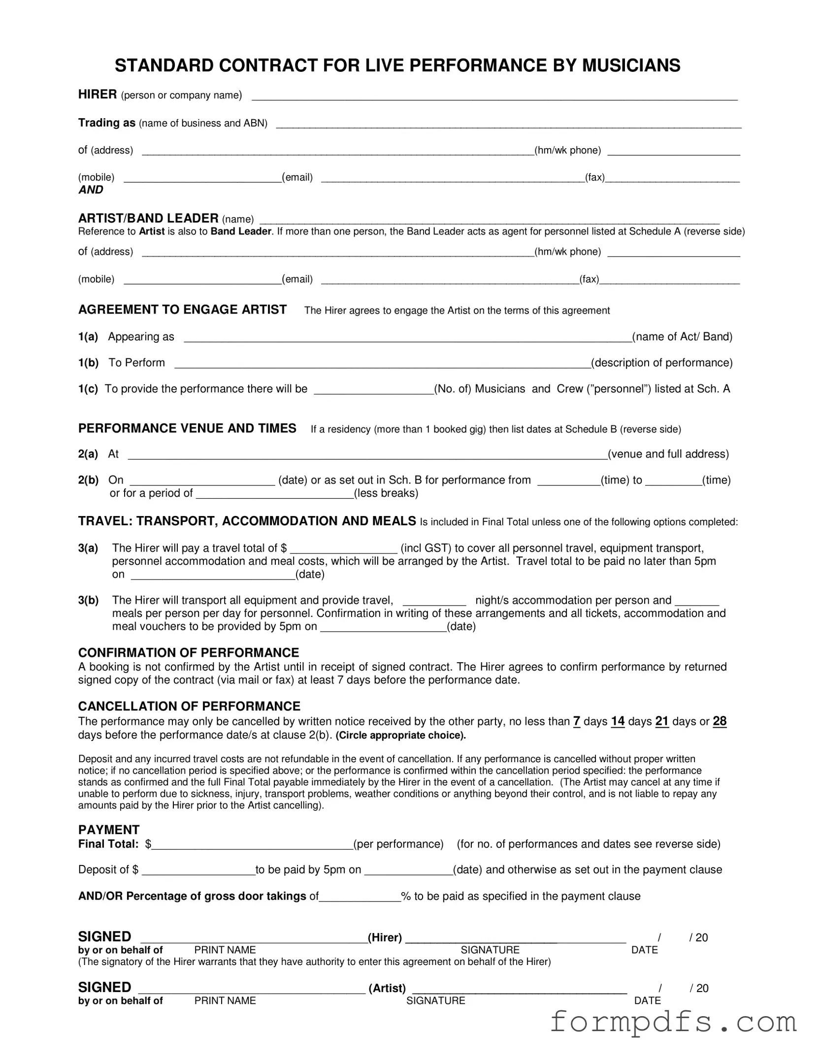 Blank Live Performance Contract PDF Form