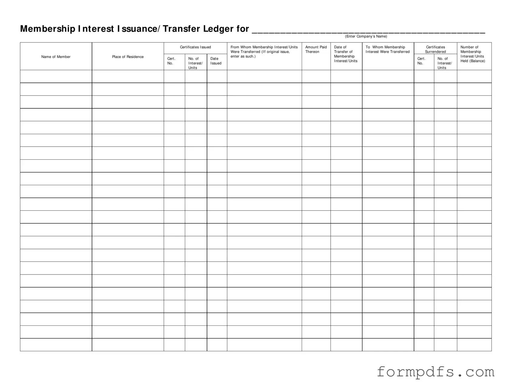 Blank Membership Ledger PDF Form