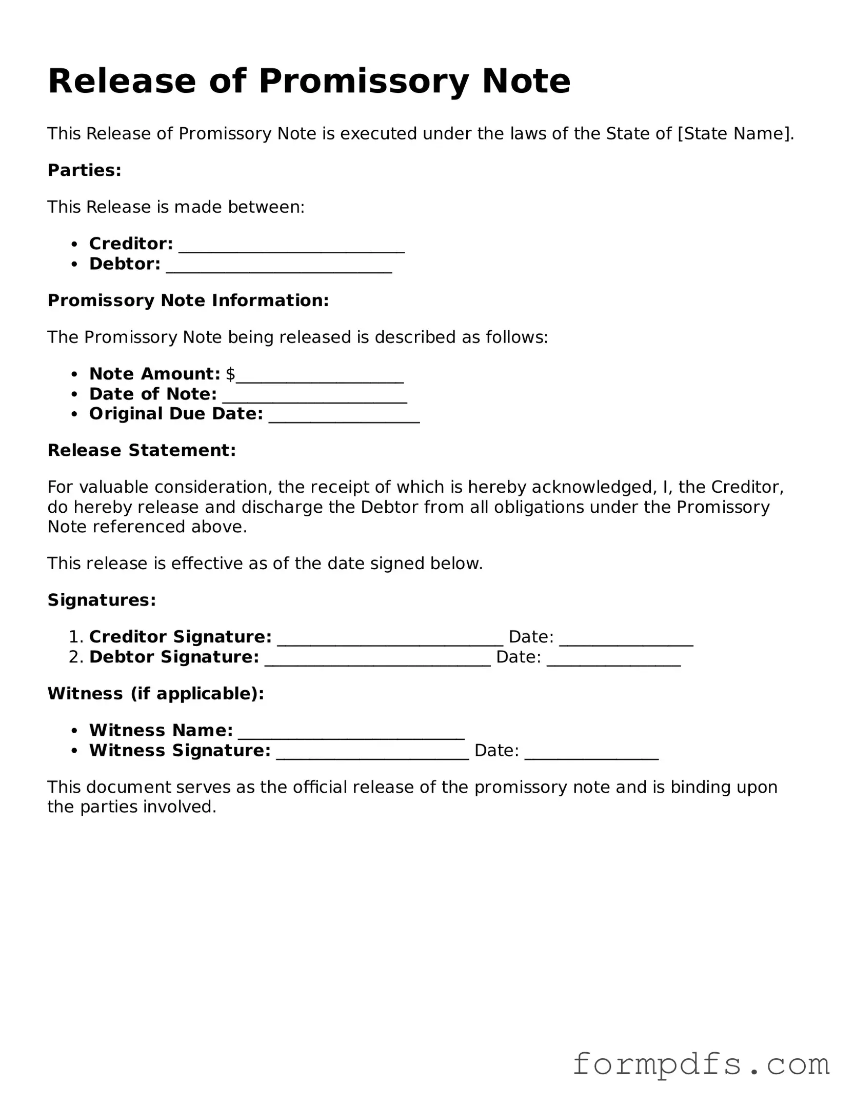 Valid Release of Promissory Note Template