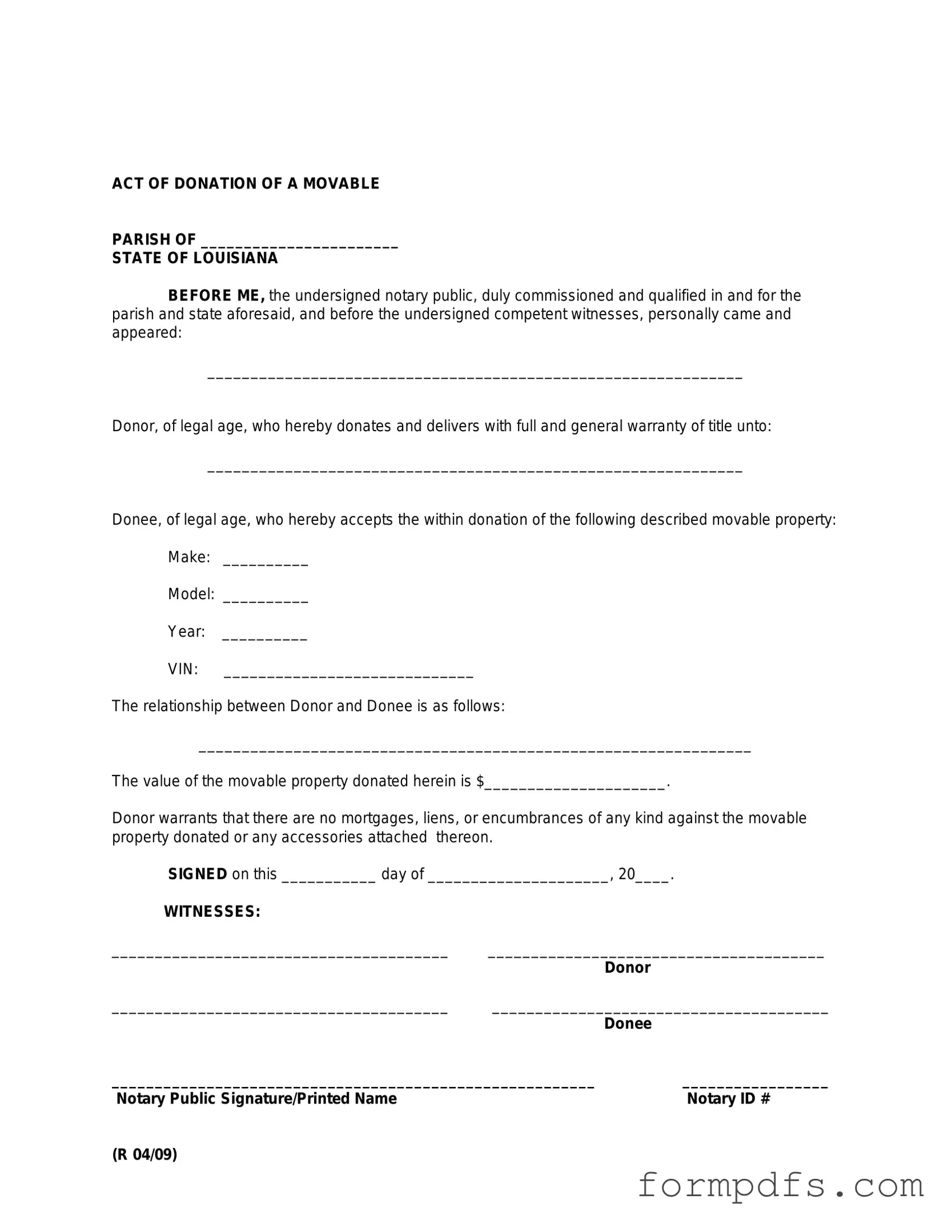 Blank Louisiana act of donation PDF Form