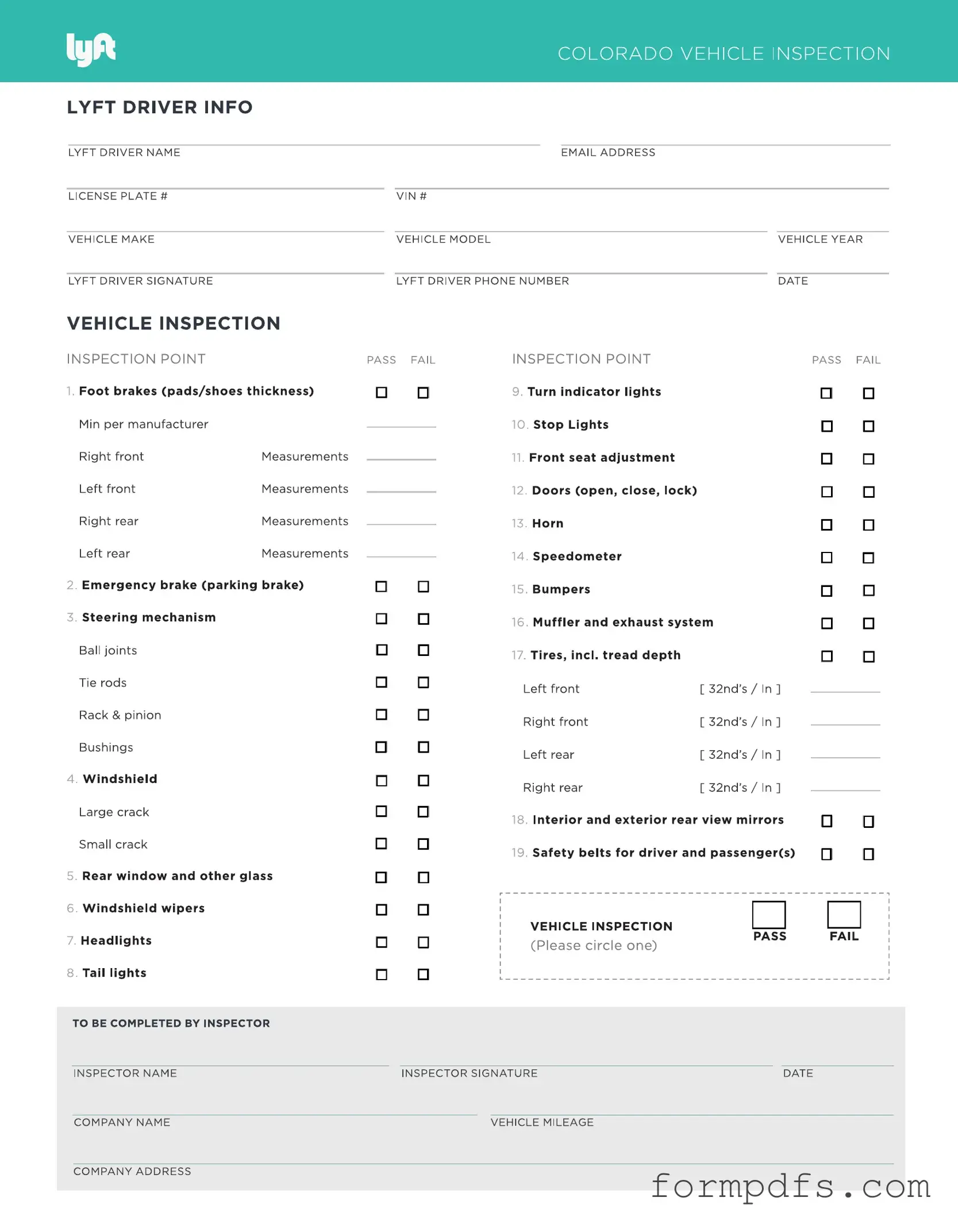 Blank Lyft Inspection PDF Form