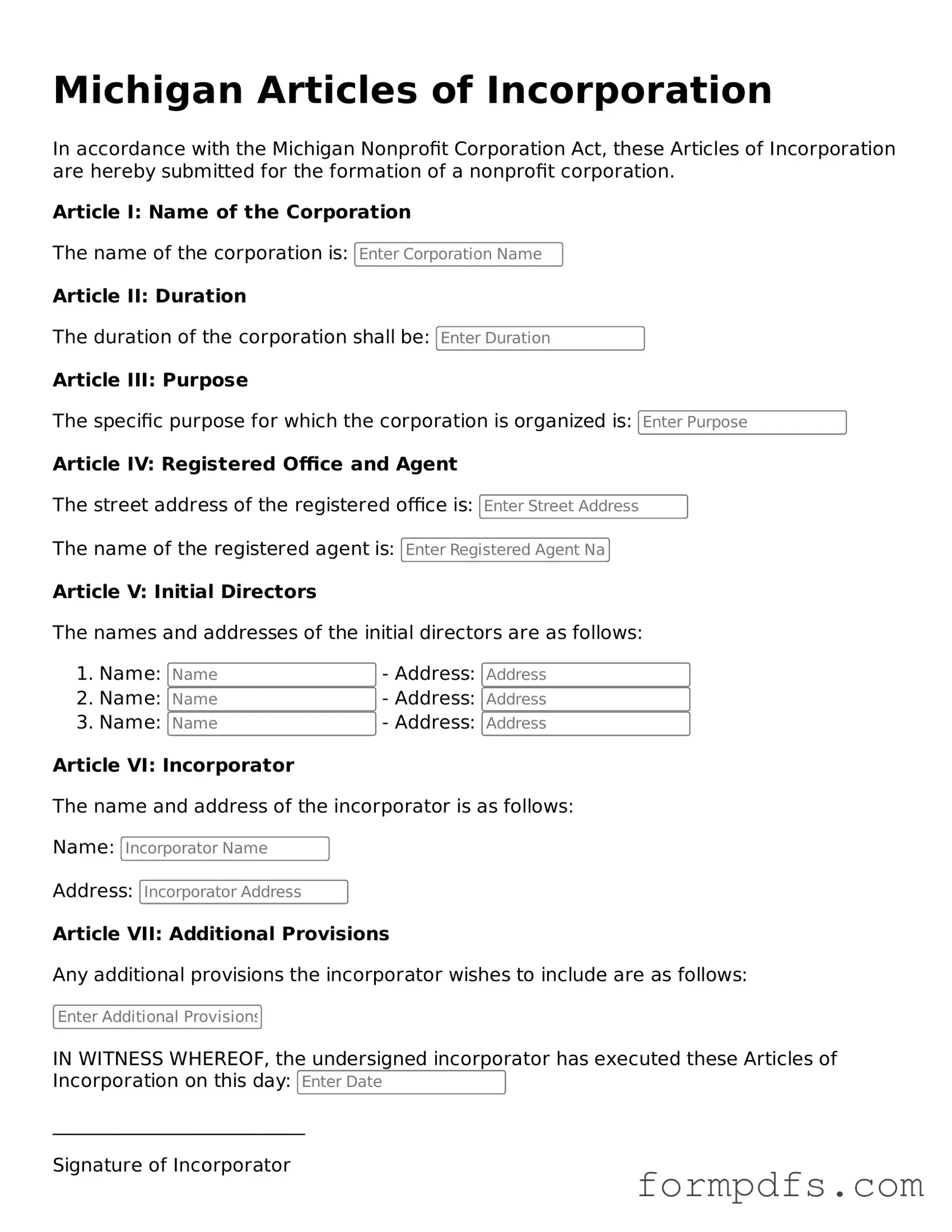 Printable Articles of Incorporation Form for the State of Michigan