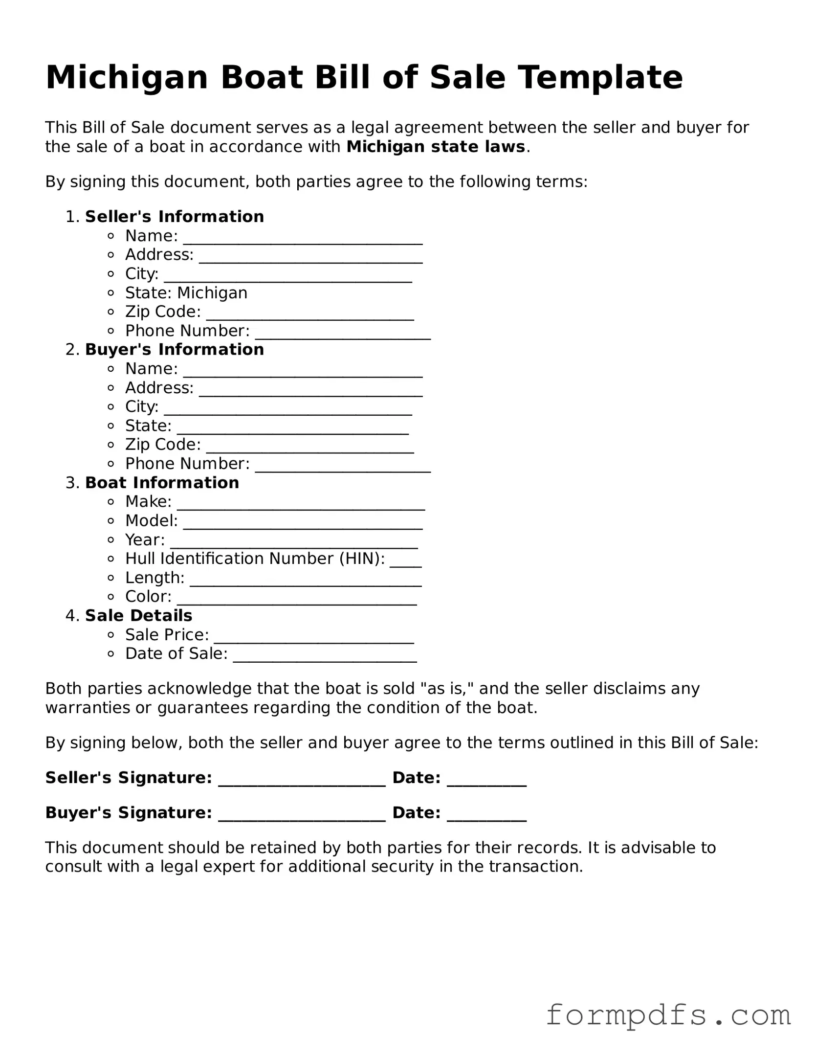 Printable Boat Bill of Sale Form for the State of Michigan