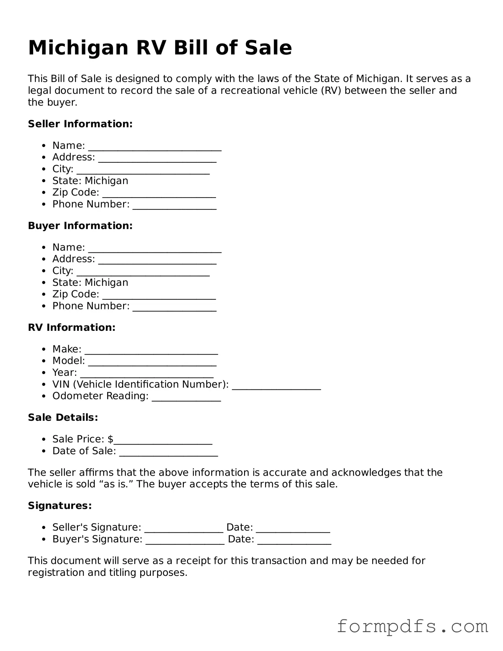 Printable RV Bill of Sale Form for the State of Michigan