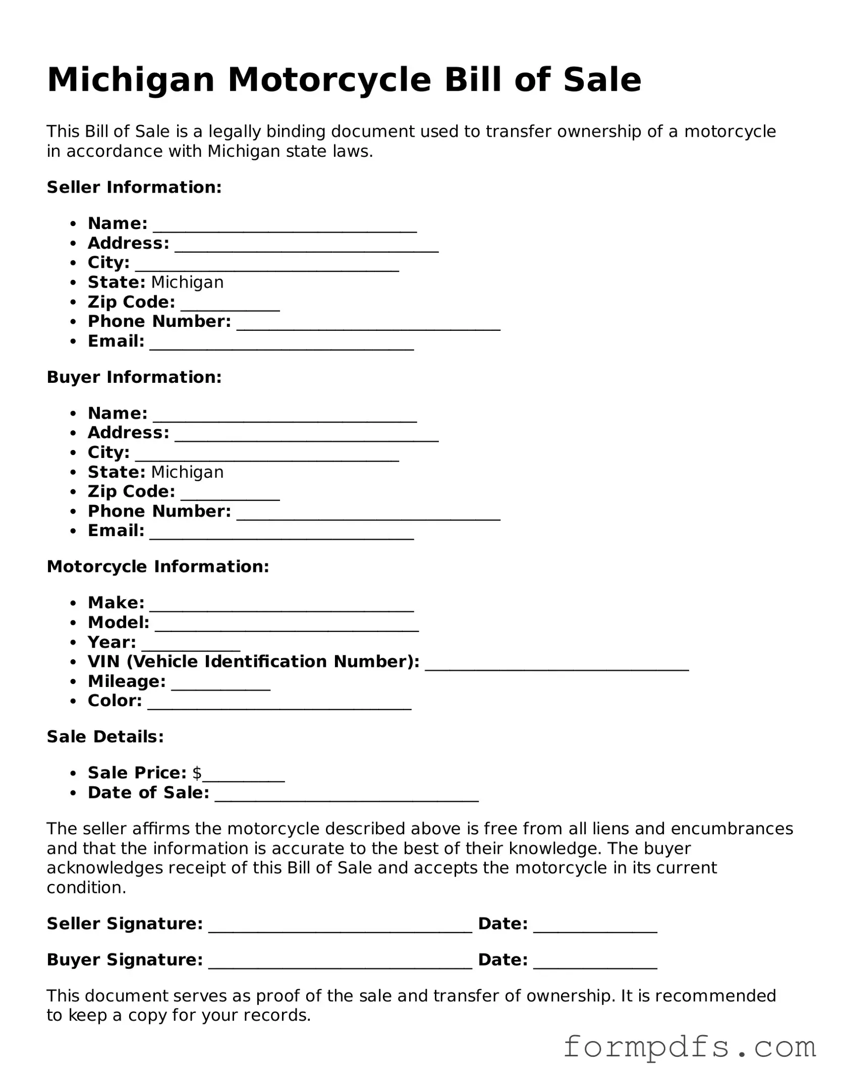 Printable Motorcycle Bill of Sale Form for the State of Michigan