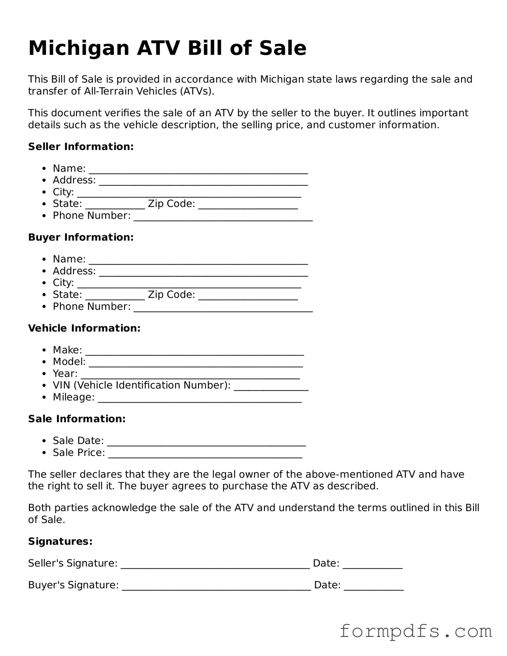 Printable ATV Bill of Sale Form for the State of Michigan