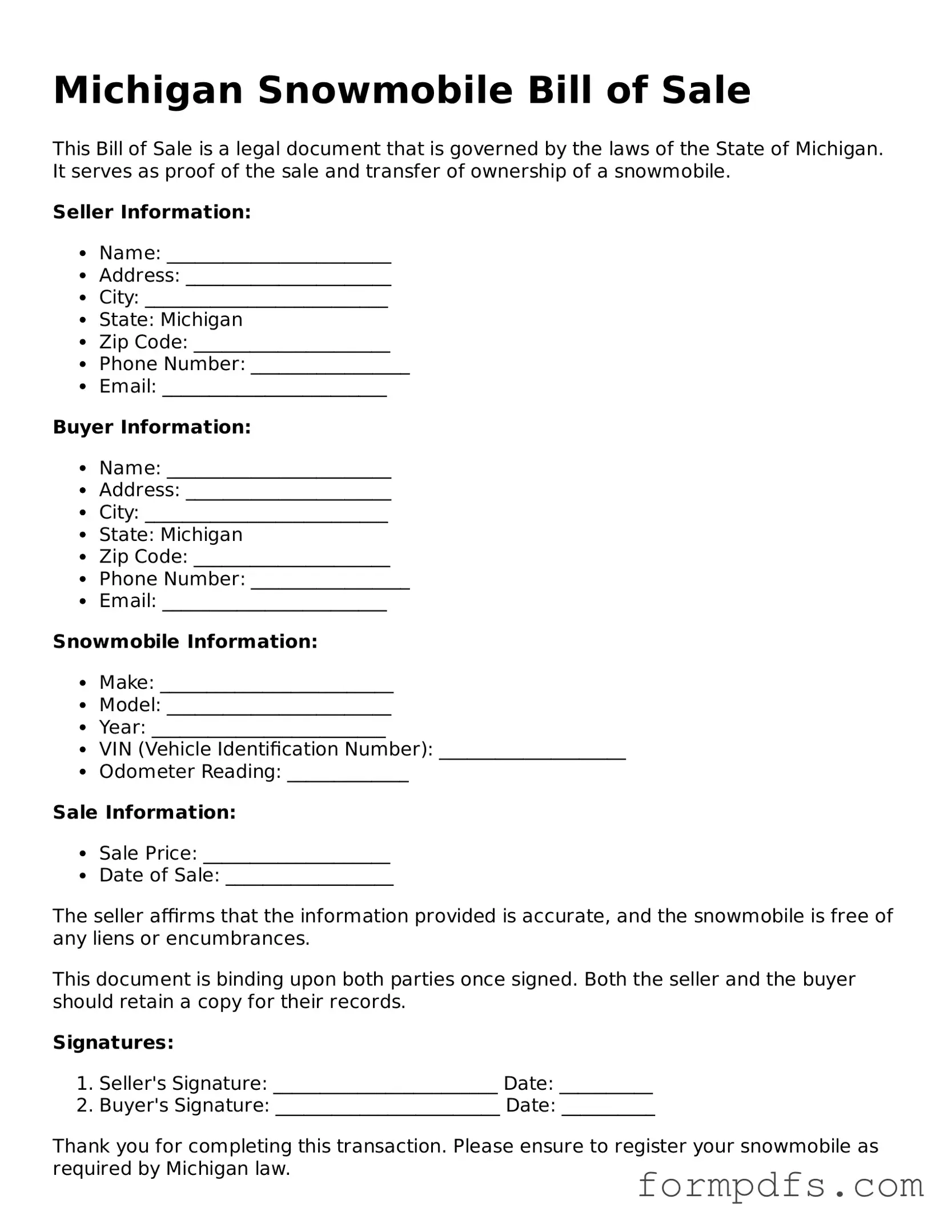 Printable Snowmobile Bill of Sale Form for the State of Michigan