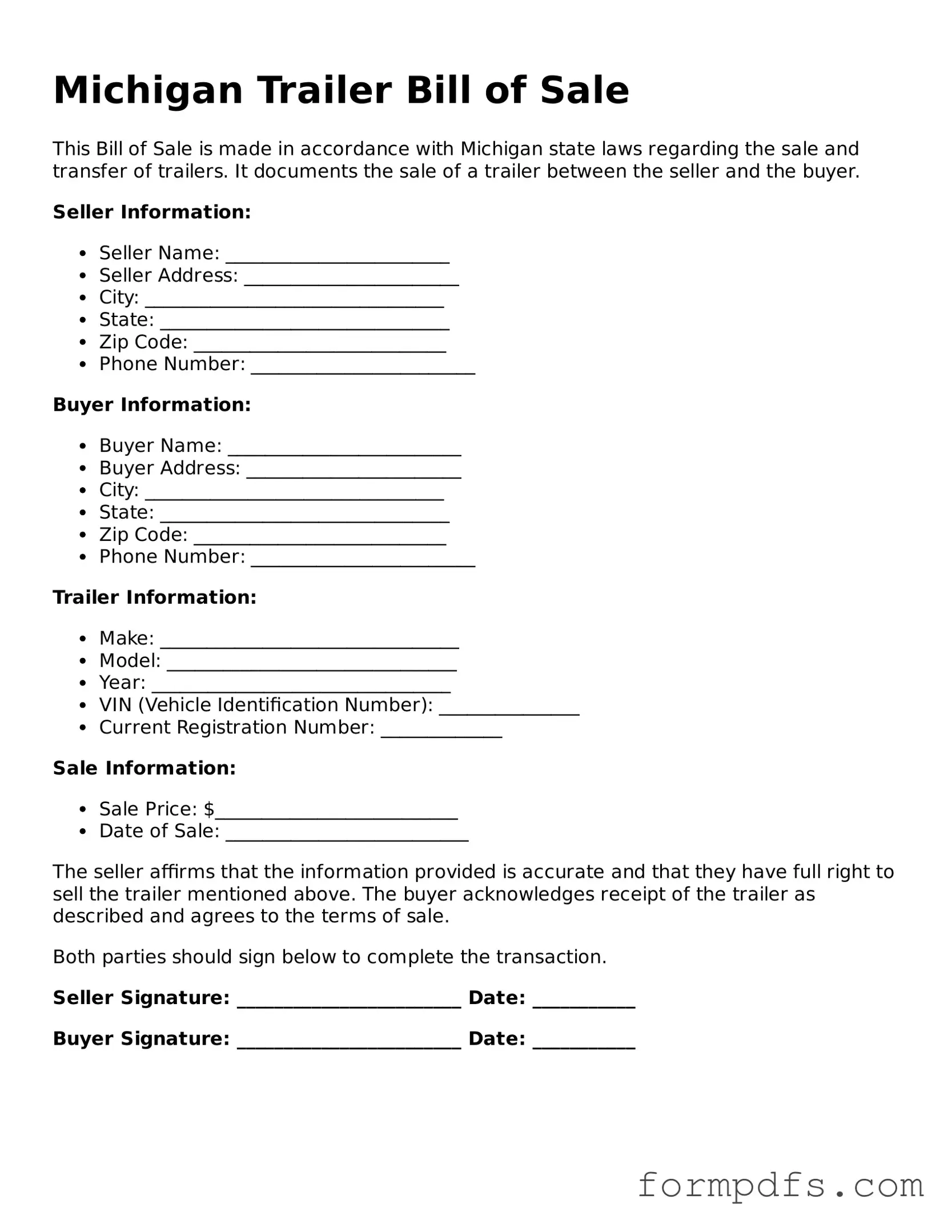 Printable Trailer Bill of Sale Form for the State of Michigan